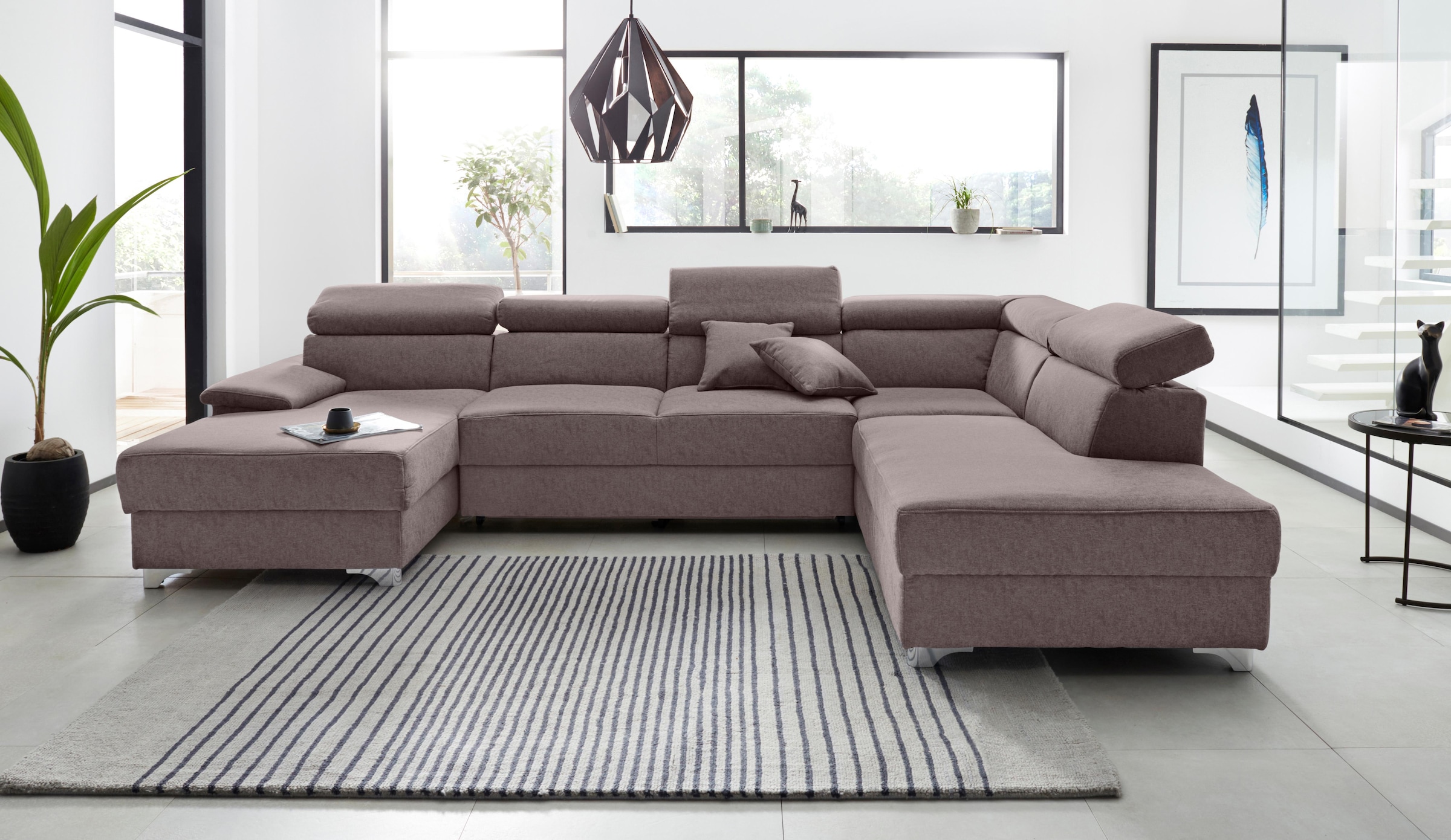 DOMO collection Wohnlandschaft »Mira, inklusive Kopfteilverstellung für mehr Wohlfühlkomfort, U-Form«, wahlweise mit Bettfunktion und Bettkasten, elegant und modern