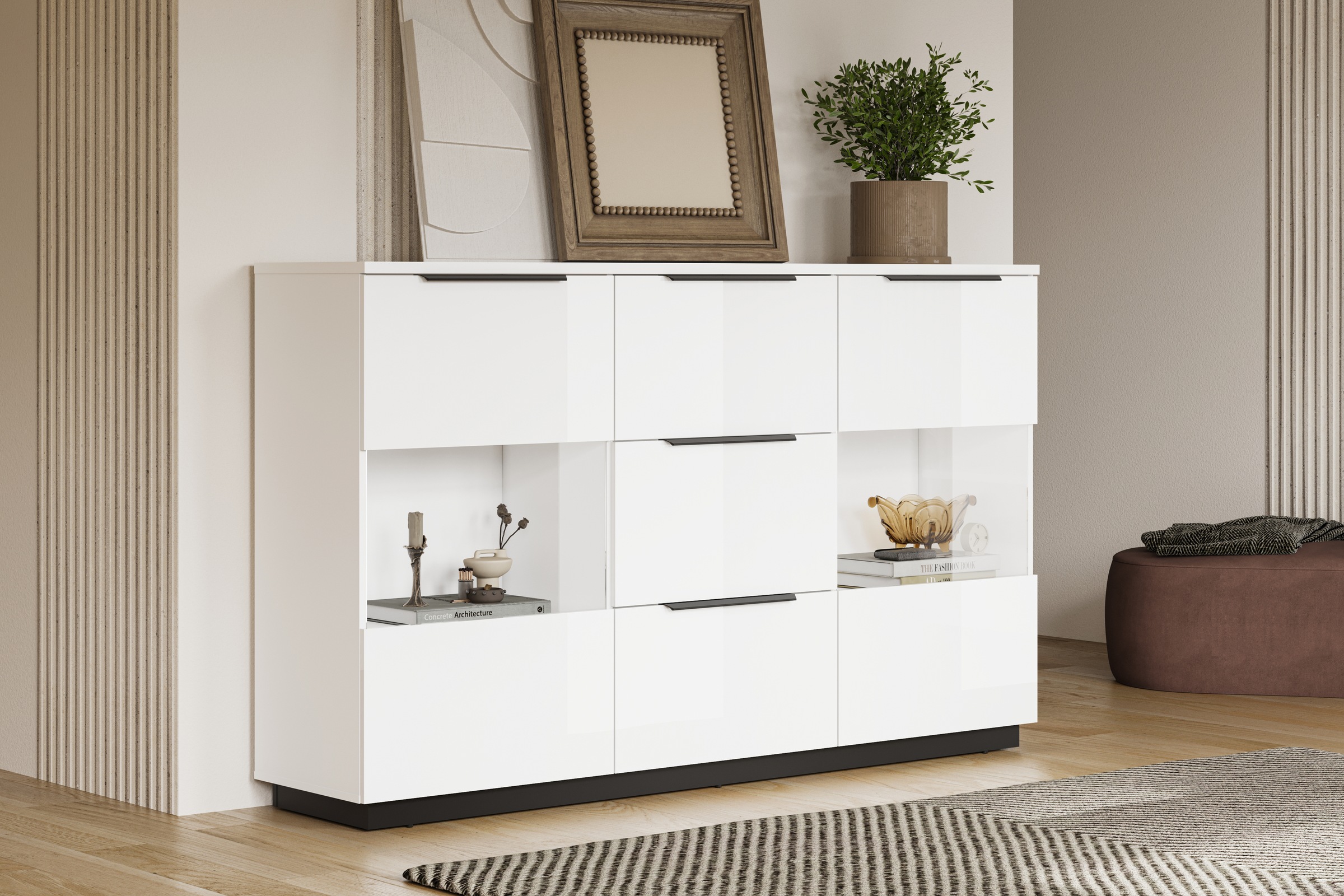 Home affaire Highboard »Tuluza, Breite 180 cm, moderne Hochkommode mit geräumiger Stauraum« Hochkommode mit 3 Schubladen, 6 Fächern, Glastüren, Hochglanzfront