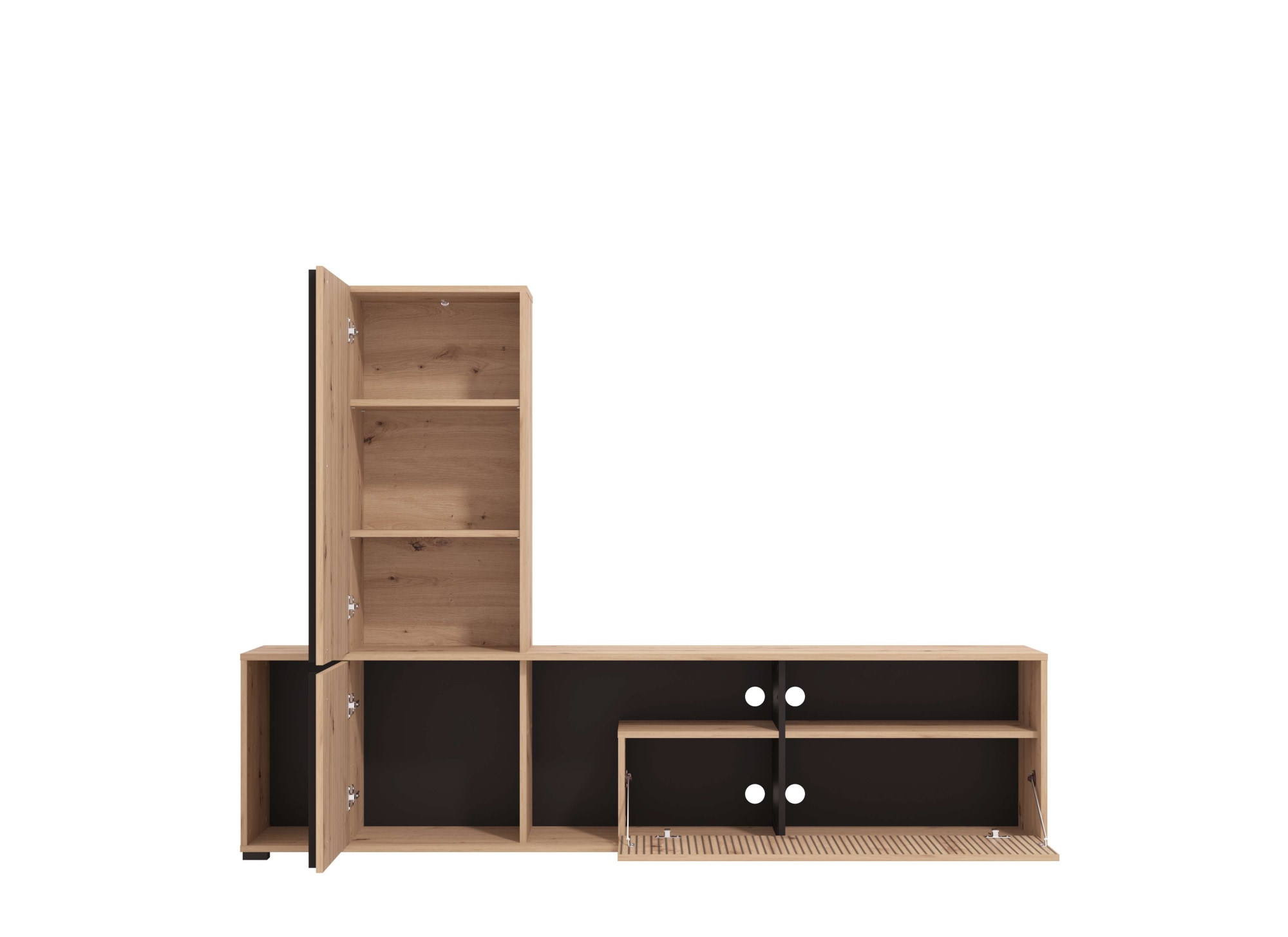 INOSIGN Wohnwand »Chania, 195 cm, inkl. TV Board und Highboard«, (Komplett-Set, 2 St.), Trendfarben, mit dekorativen schwarzen Streifen, in Artisan Eiche