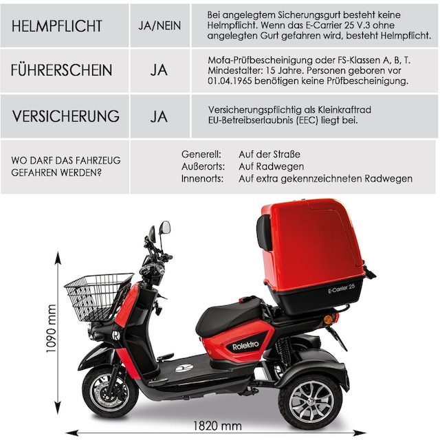 Rolektro Elektromobil »Rolektro E-Carrier 25 V.3 Lithium mit XXL-Koffer«, 1000  W, 25 km/h, (mit Topcase) | BAUR