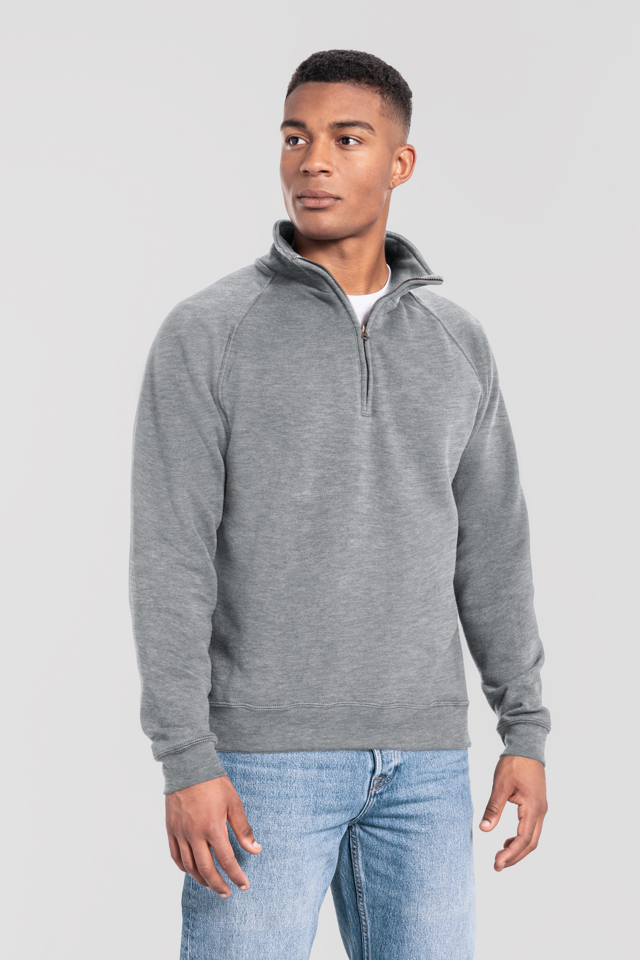Fruit of the Loom 1100000002199 "Iconic Premium Zip Neck Sweat", melierte Optik, aus Baumwolle und Polyester, in normaler Länge