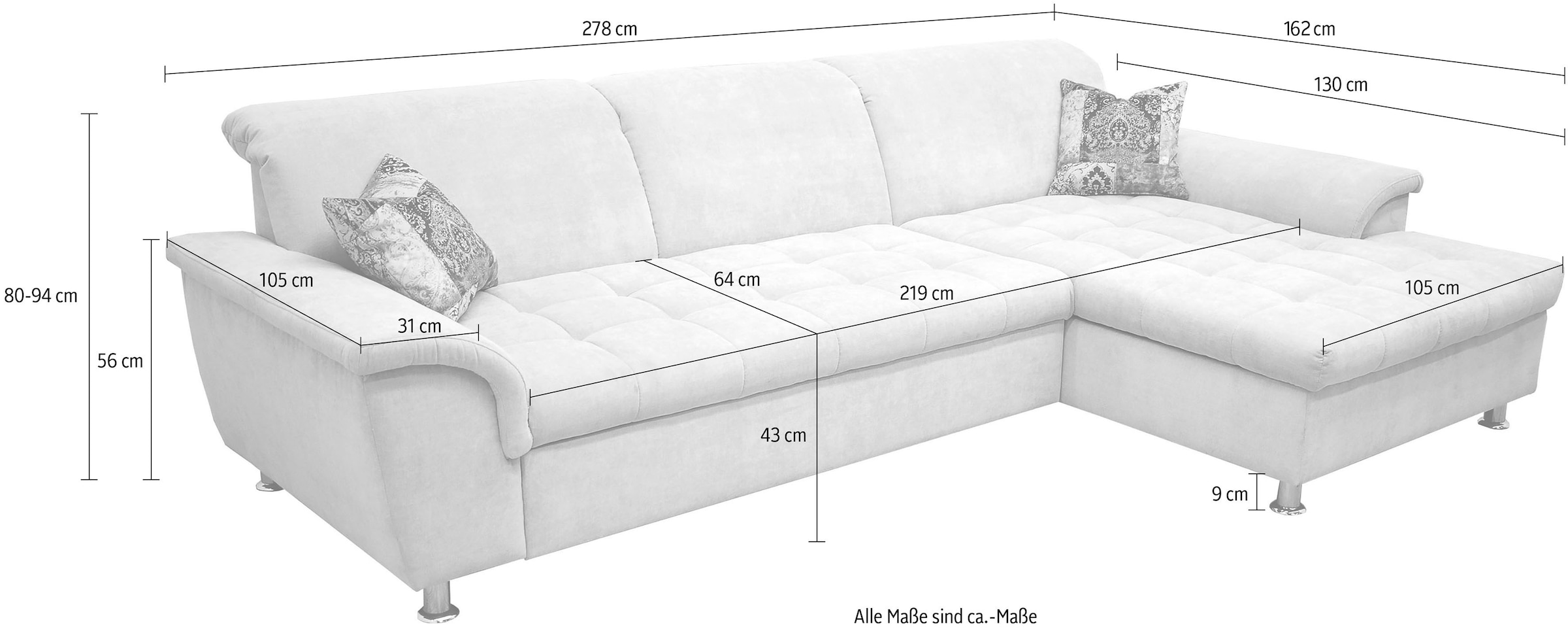 DOMO collection Ecksofa Franzi, wahlweise mit Bettfunktion, Bettkasten und Kopfteilverstellung