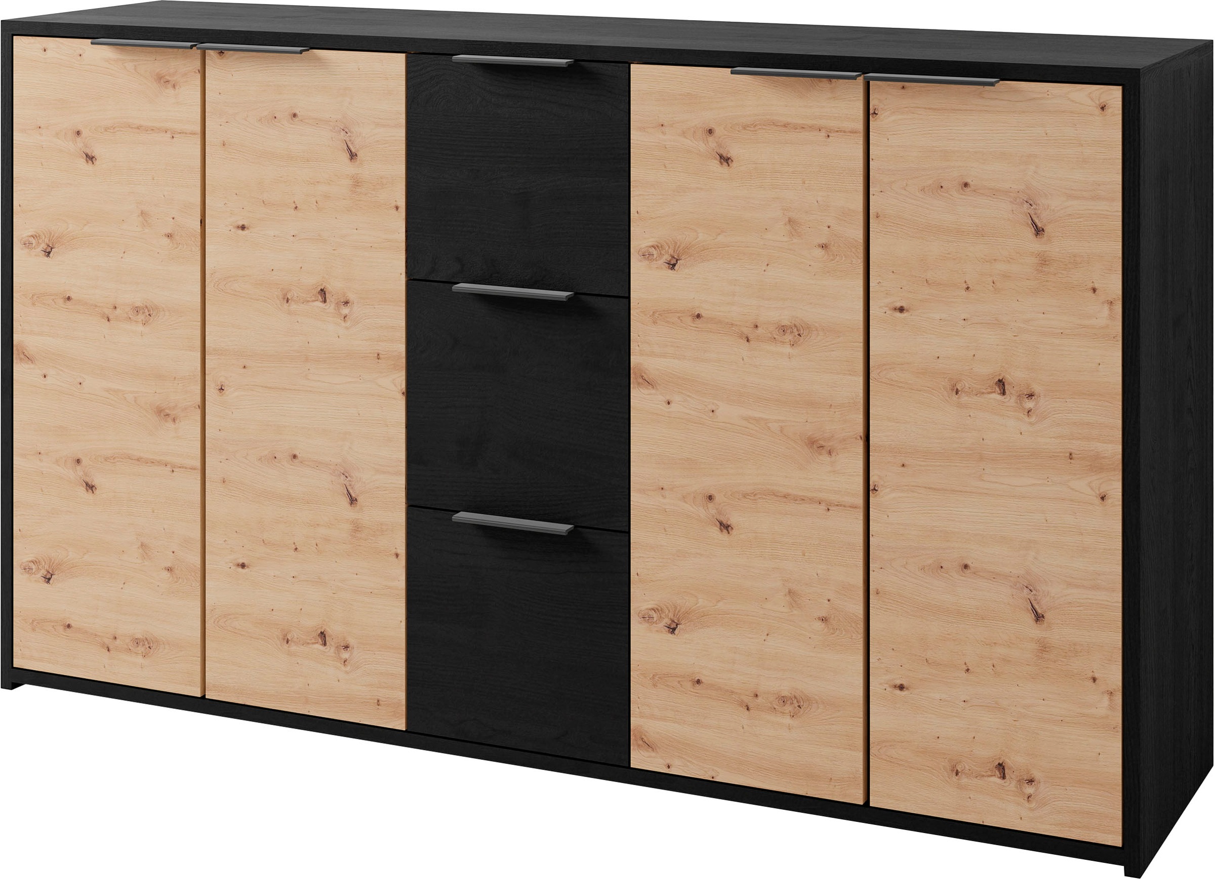 byLIVING Sideboard »Rimini«, Melamin Eiche schwarz und Artisan Eiche, 3 Schubkästen, 4 Türen