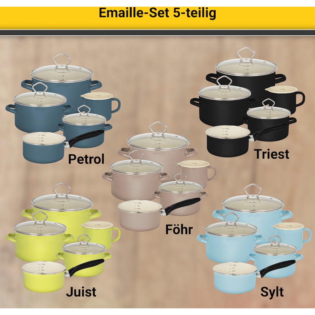 Krüger Topf-Set »Sylt«, Emaille-Aluminiumguss, (Set, 8 tlg., Fleischtopf 16/20/24 cm, Milchtopf 12 cm, Stieltopf 16 cm)