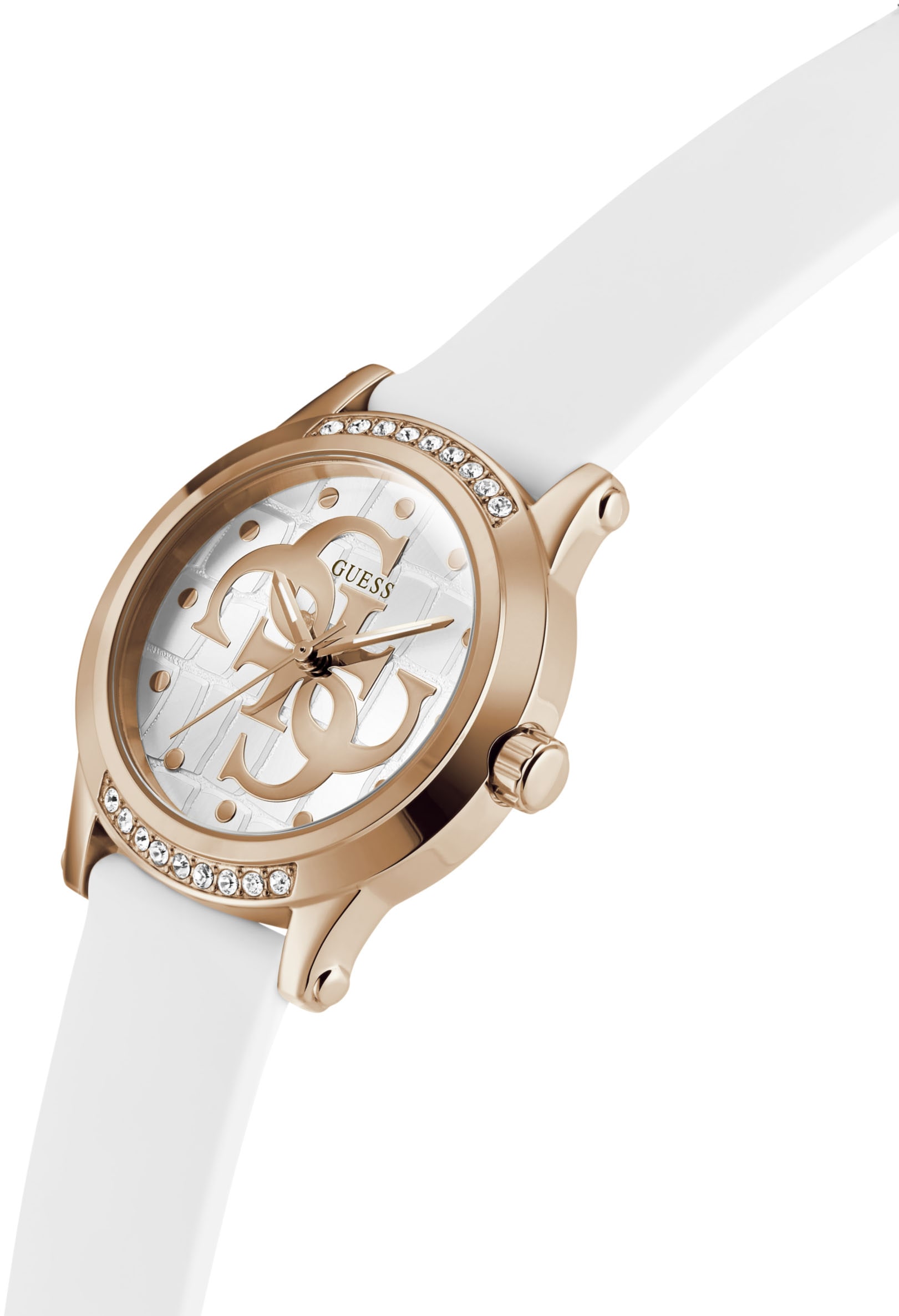 Guess Quarzuhr »ANNETTE«, Armbanduhr, Damenuhr, Silikonarmband, analog, Kristallsteine