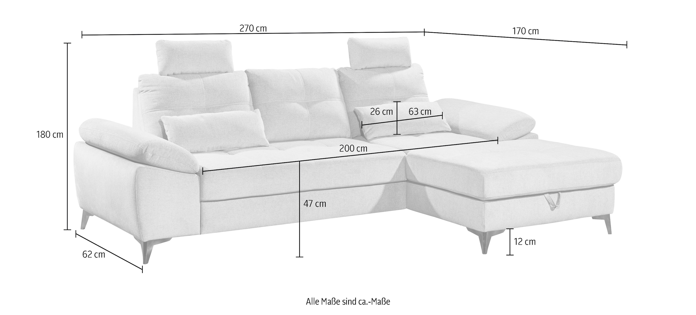 ED EXCITING DESIGN Ecksofa »Auckland L-Form mit Bettfunktion, Bettkasten«, Armteilverstellung, Kopfstützen & 2 Nierenkissen