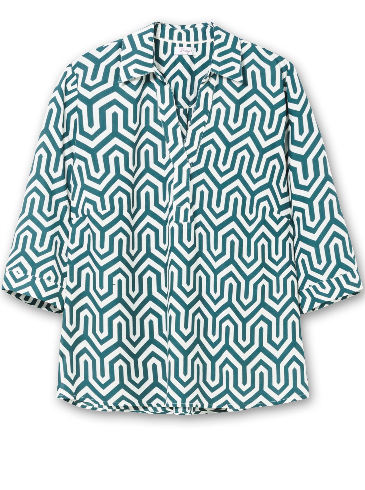 Longbluse SHEEGO, Damen, Gr. 50, blau (petrol, gemustert), 100% Viskose, bedruckt, gemustert, mehrfarbig, V-Ausschnitt, Blusen Longbluse 2