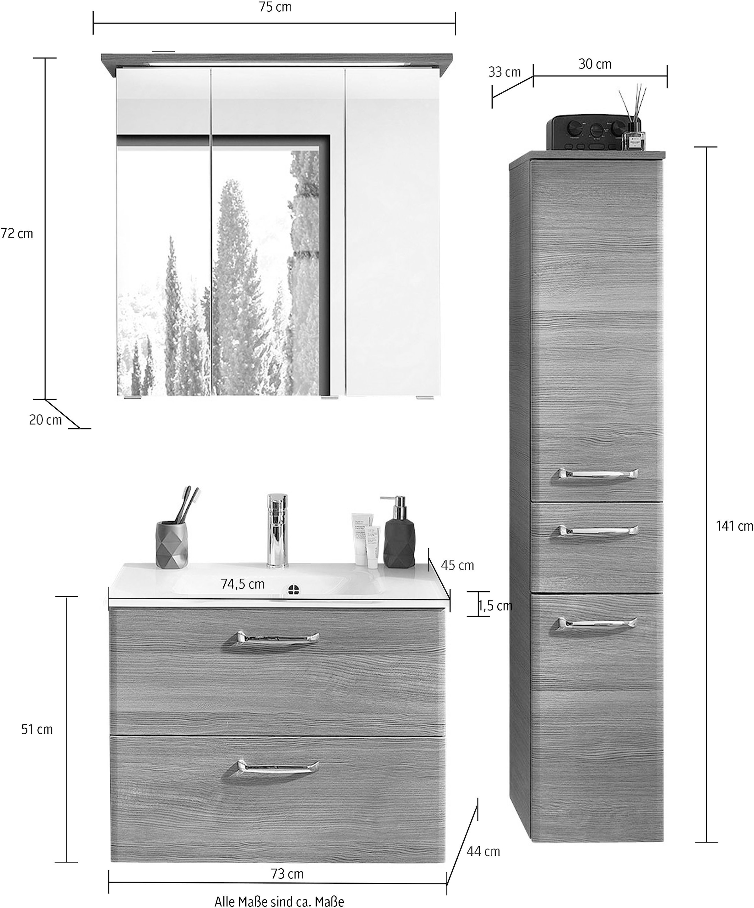 Saphir Badmöbel-Set »Quickset 328 3-teilig, inkl. Glas-Waschtisch und LED-Spiegelschrank«, (Set, 3 St.), Midischrank, mit Türdämpfern, 5 Türen, 3 Schubladen, 9 Einlegeböden
