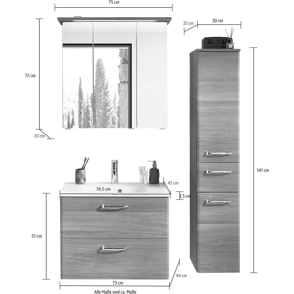 Saphir Badmöbel-Set »Quickset 328 3-teilig, inkl. Glas-Waschtisch und LED-Spiegelschrank«, (Set, 3 St.)