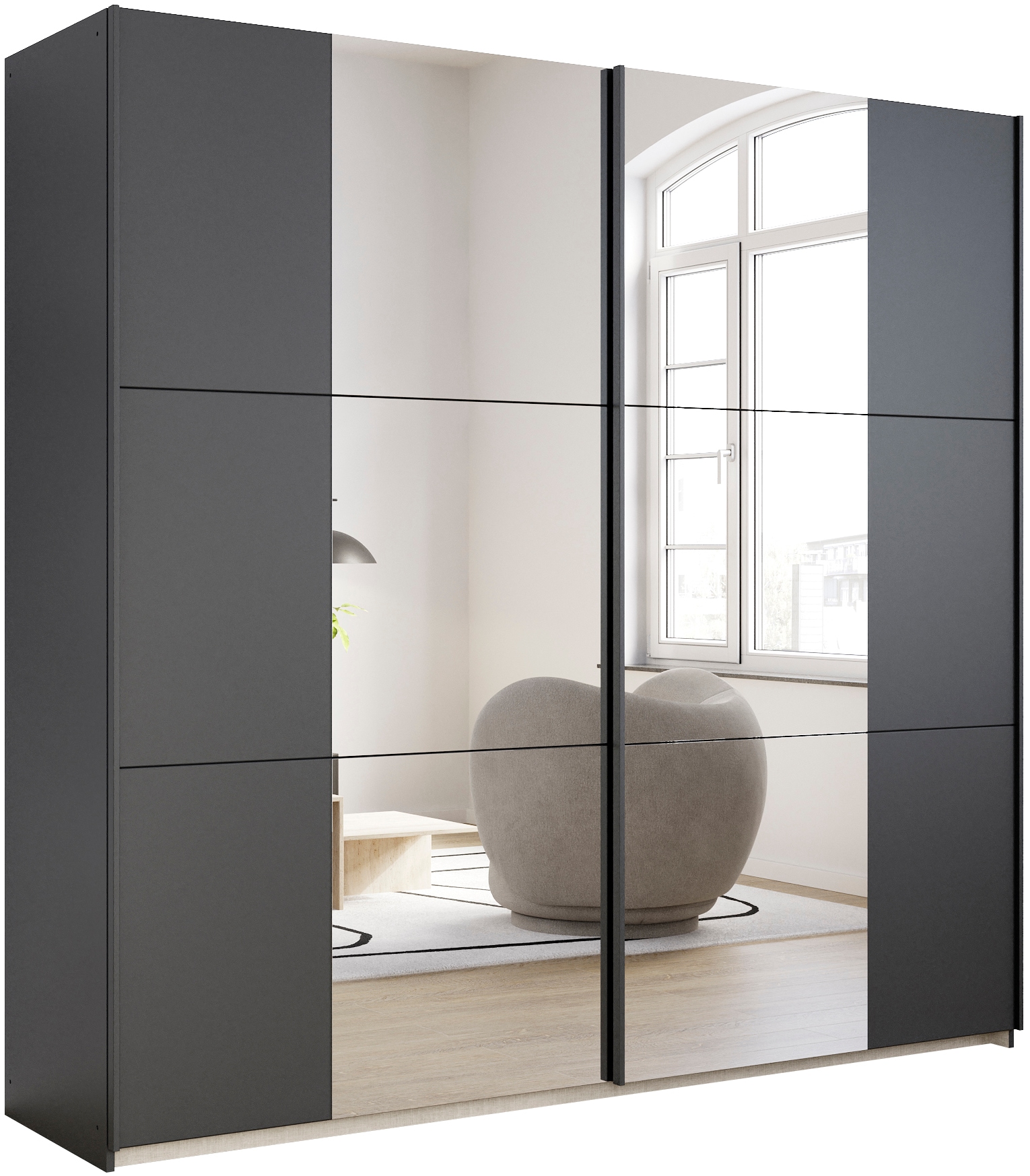 rauch Schwebetürenschrank "Kleiderschrank Drehtürenschrank Schrank Garderobe KRONACH" in 3 Ausstattungen BASIC/CLASSIC/PREMIUM, Breiten 131/175/218/261 cm, optional ohne, mit 1 oder 2 Spiegel, viel Stauraum MADE IN GERMANY