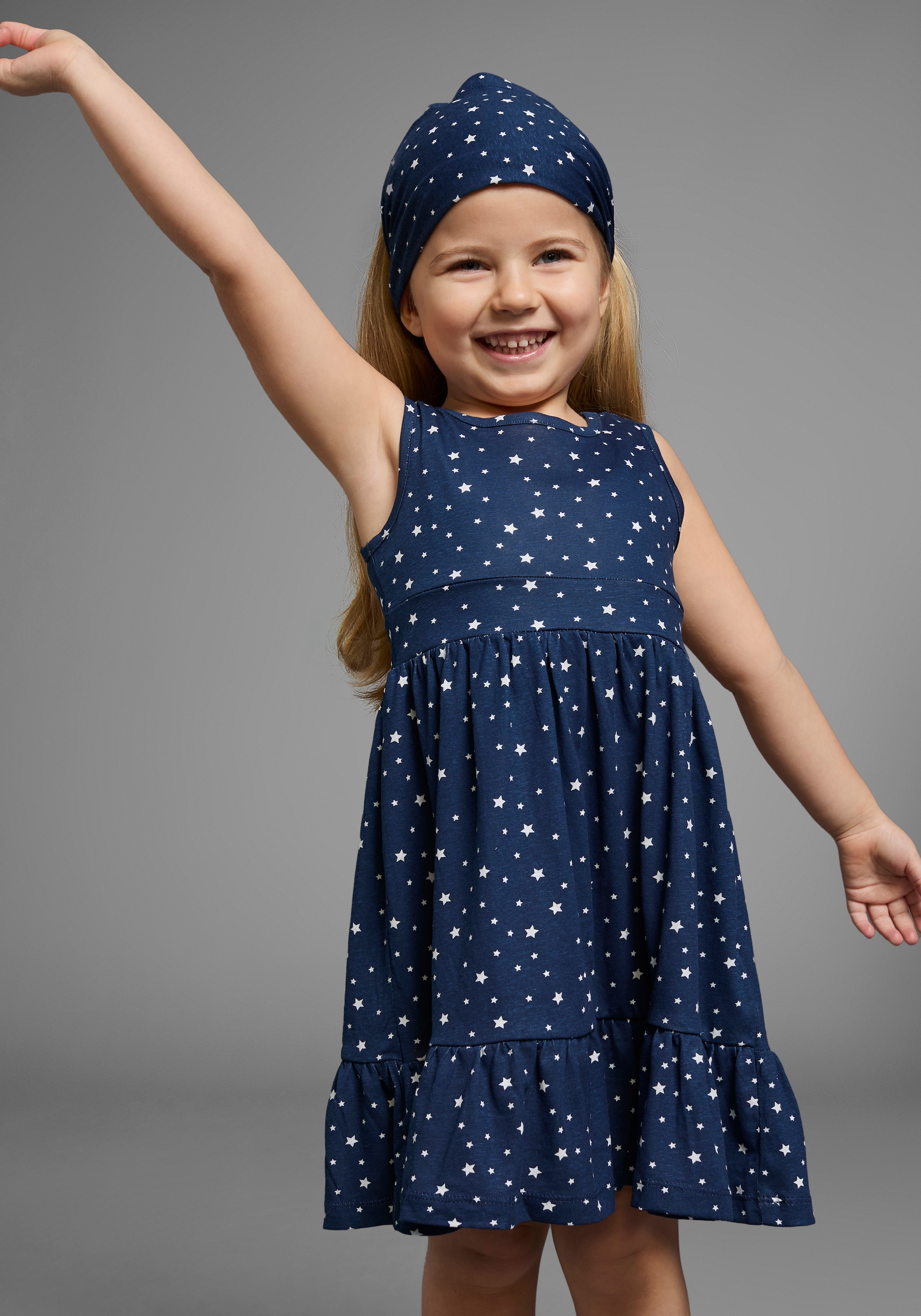 KIDSWORLD Jerseykleid "2tlg. Shirtkleid + Haarband im niedlichen Sternen-Allover" Set, 2, 2 Stk. tlg. festliche Anlässe, knielang, verspielter Stil, aus Baumwolle