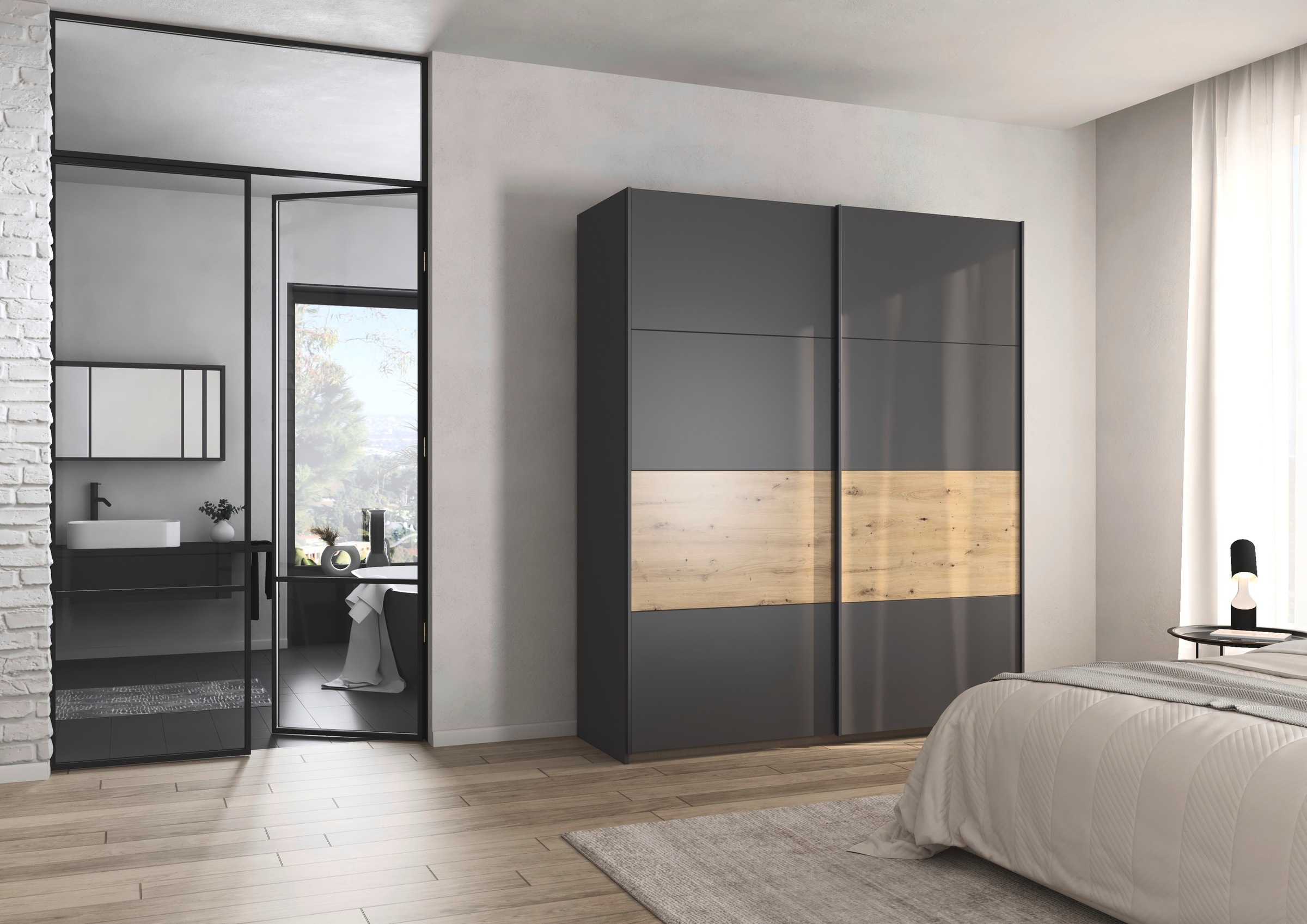 rauch Schwebetürenschrank »Kleiderschrank Schrank Garderobe Schlafzimmerschrank OXFORD«, (in 3 verschiedenen Ausstattungen BASIC/CLASSIC/PREMIUM), mit Griffleisten aus Metall, auch für kleinere Räume MADE IN GERMANY