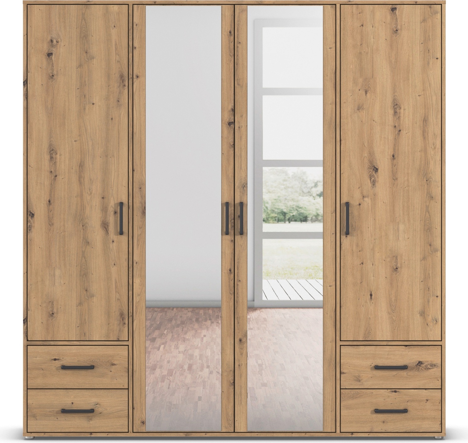 rauch Drehtürenschrank »Kleiderschrank Schrank Garderobe Wäscheschrank VOYAGER«, (in 3 verschiedenen Ausstattungen BASIC/CLASSIC/PREMIUM), mit modernen Griffen in Graumetallic, inkl. Schubkästen und Spiegel