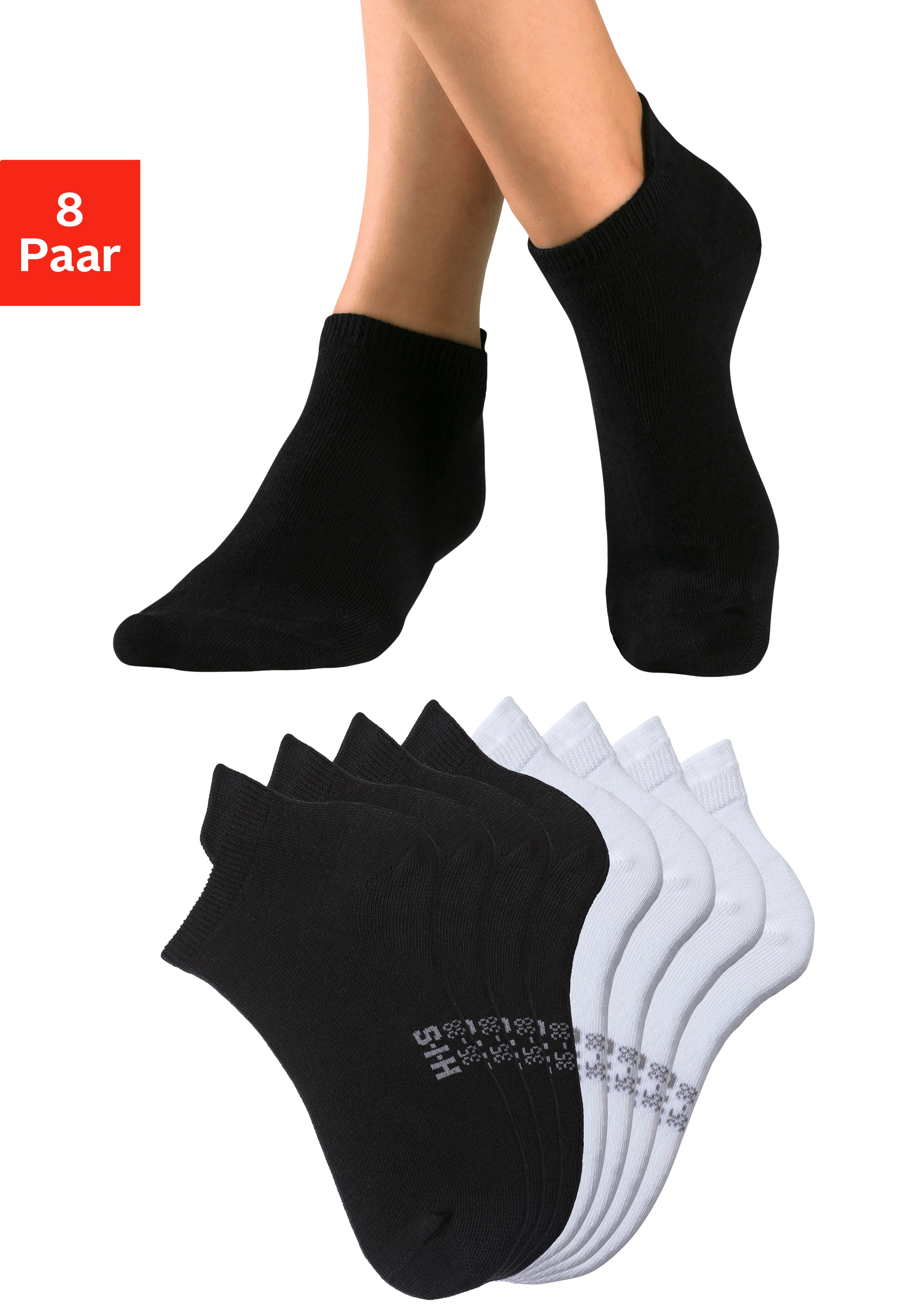 H.I.S Sneakersocken "Damen Herren kurze Sportsocken Laufsocken Atmungsaktive Baumwolle" Packung, 8 Stk. tlg. Knöchelsocken mit verlängertem Bündchen hinten