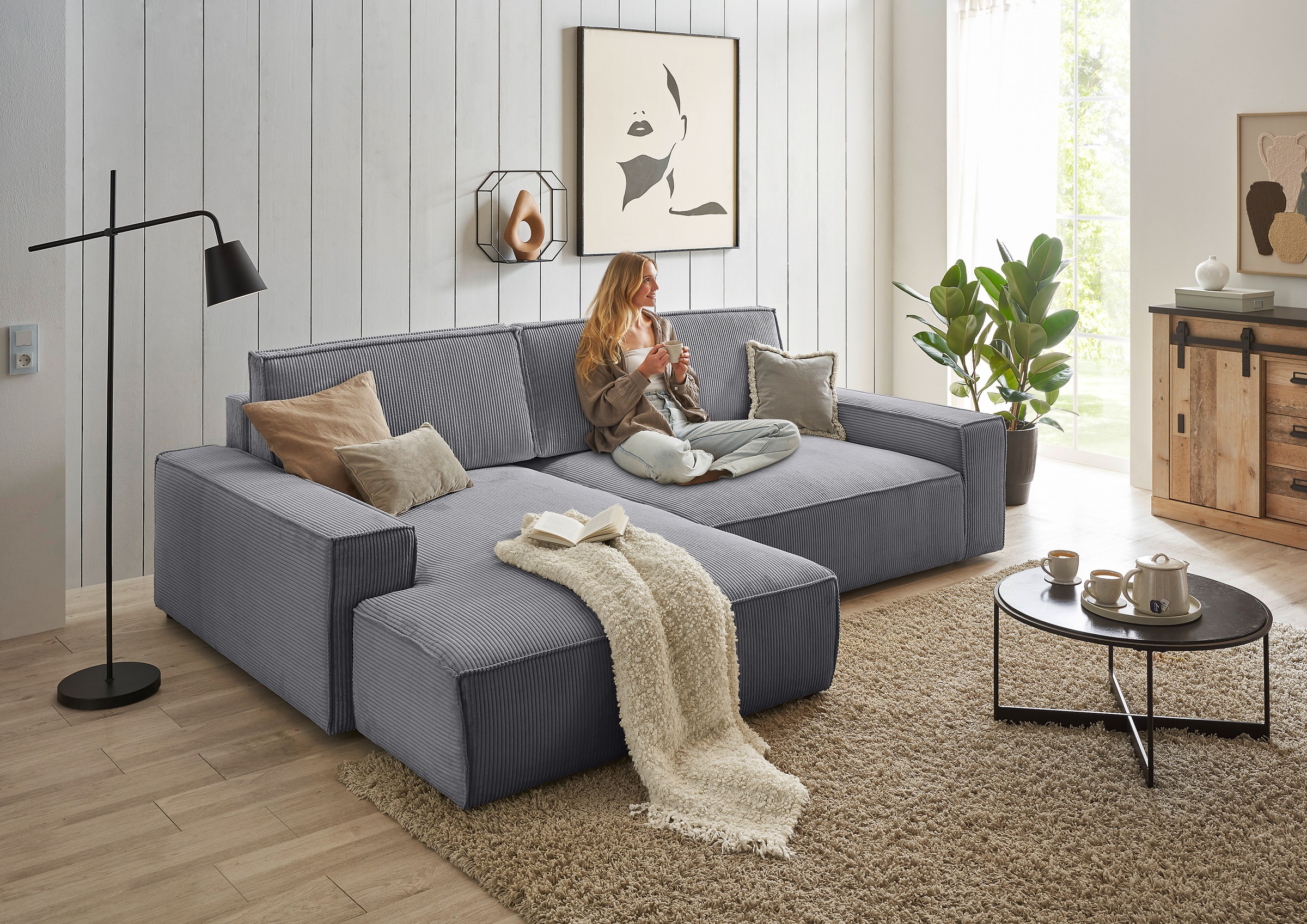 OTTO home Ecksofa "SHERWOOD XXL Cord 284, Big-Sofa L-Form, tiefe Sitzfläche 95 cm" Recamiere rechts/links, als Schlafsofa stellbar, Cord u. Leinenoptik