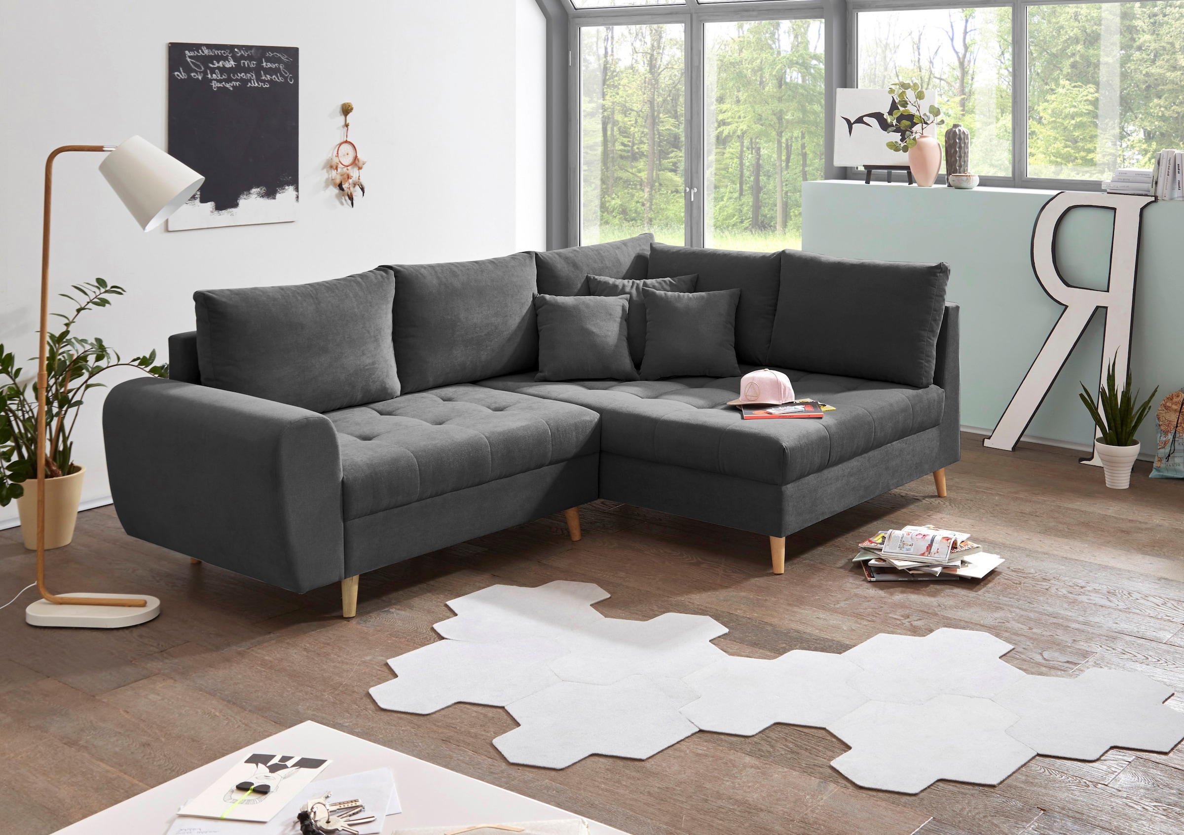 ED EXCITING DESIGN Ecksofa »Alice L-Form«, (Set), mit Hocker, Rückenkissen, Zierkissen, frei im Raum stellbar