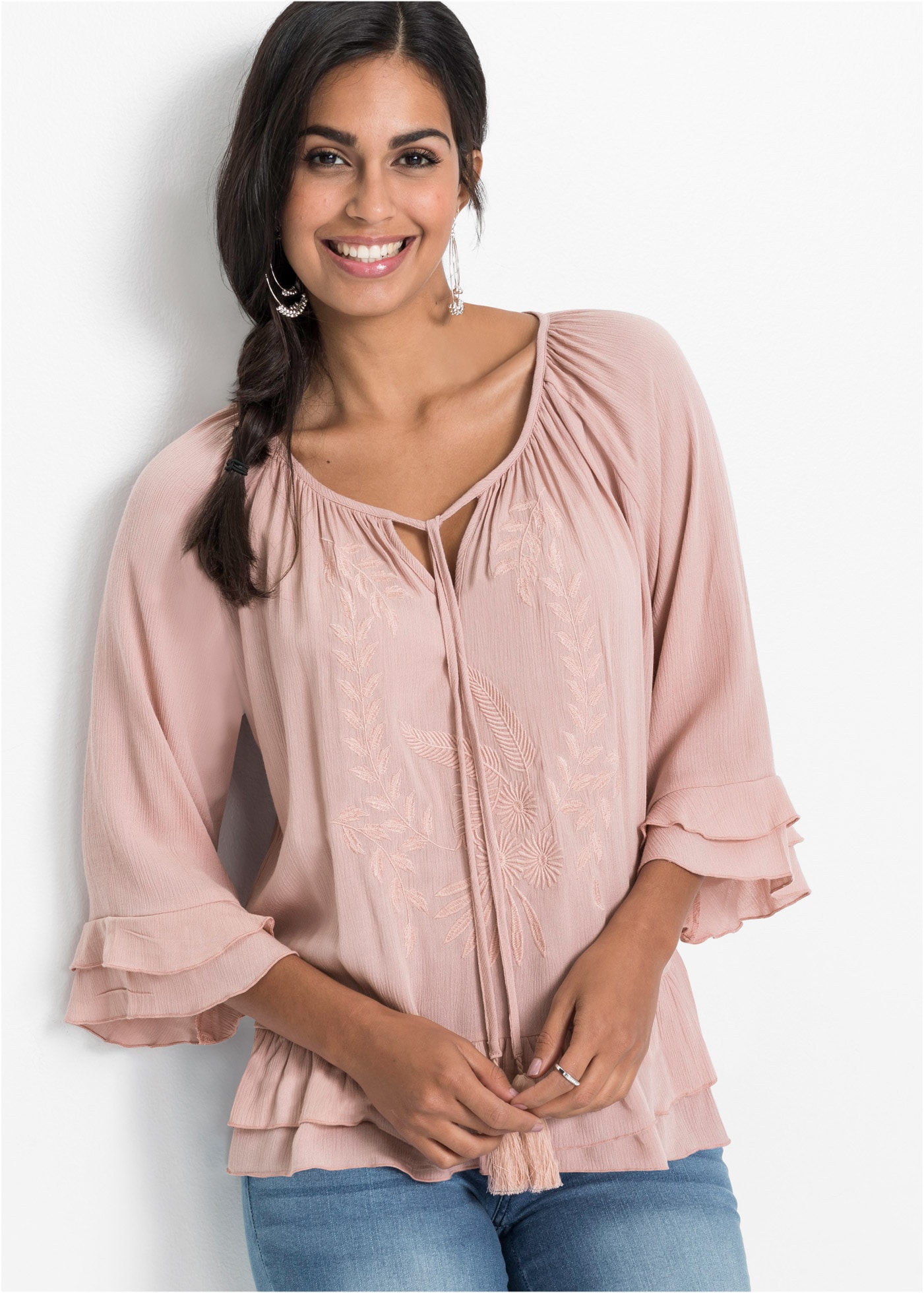 bonprix Tunika 1 A-Linien-Passform, mit 3/4-Ärmeln, gleichfarbige Stickerei