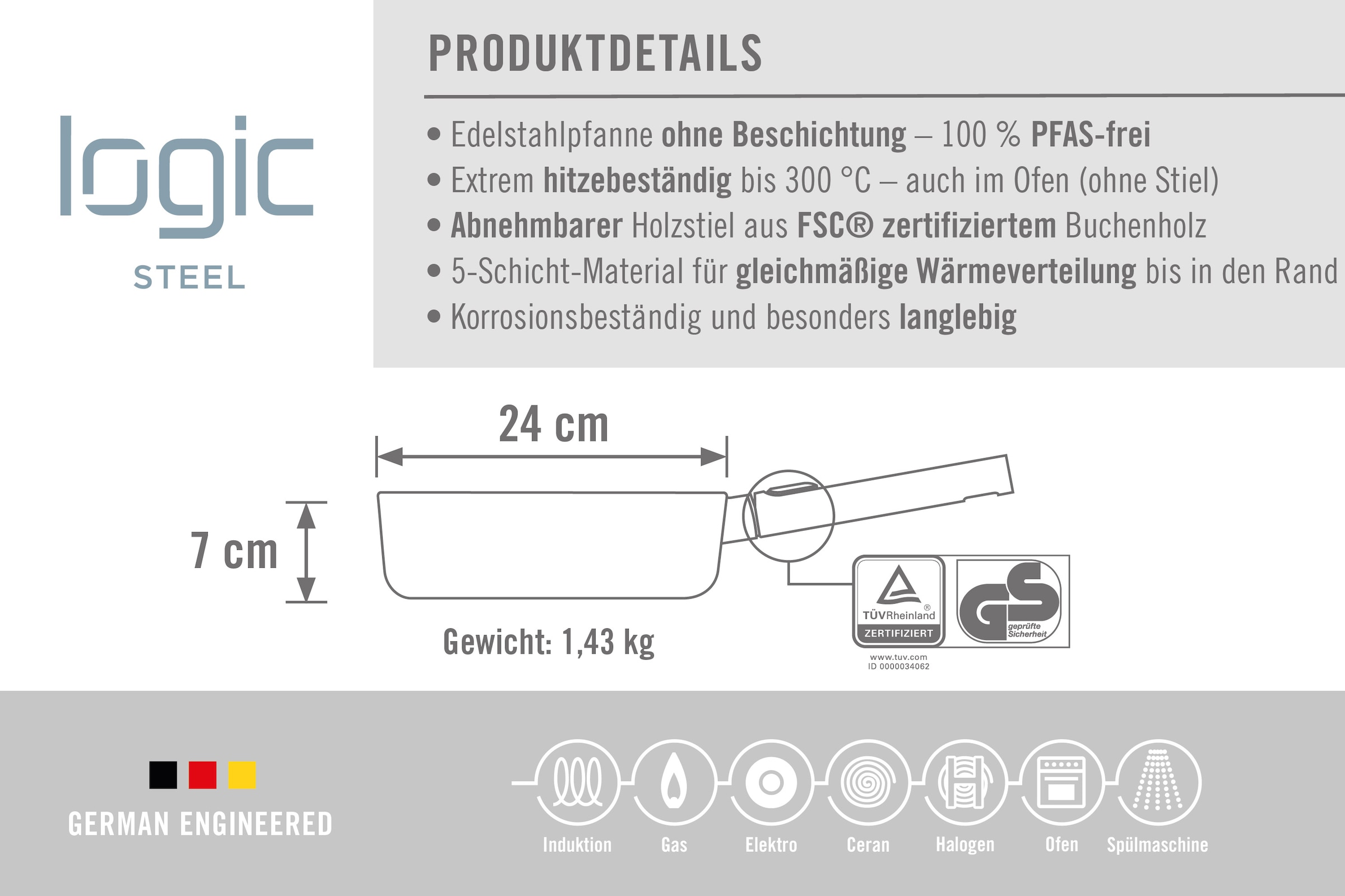 WOLL Schmorpfanne »Logic Steel«, Edelstahl 18/10, (1 tlg.), 5-Schicht-Aufbau