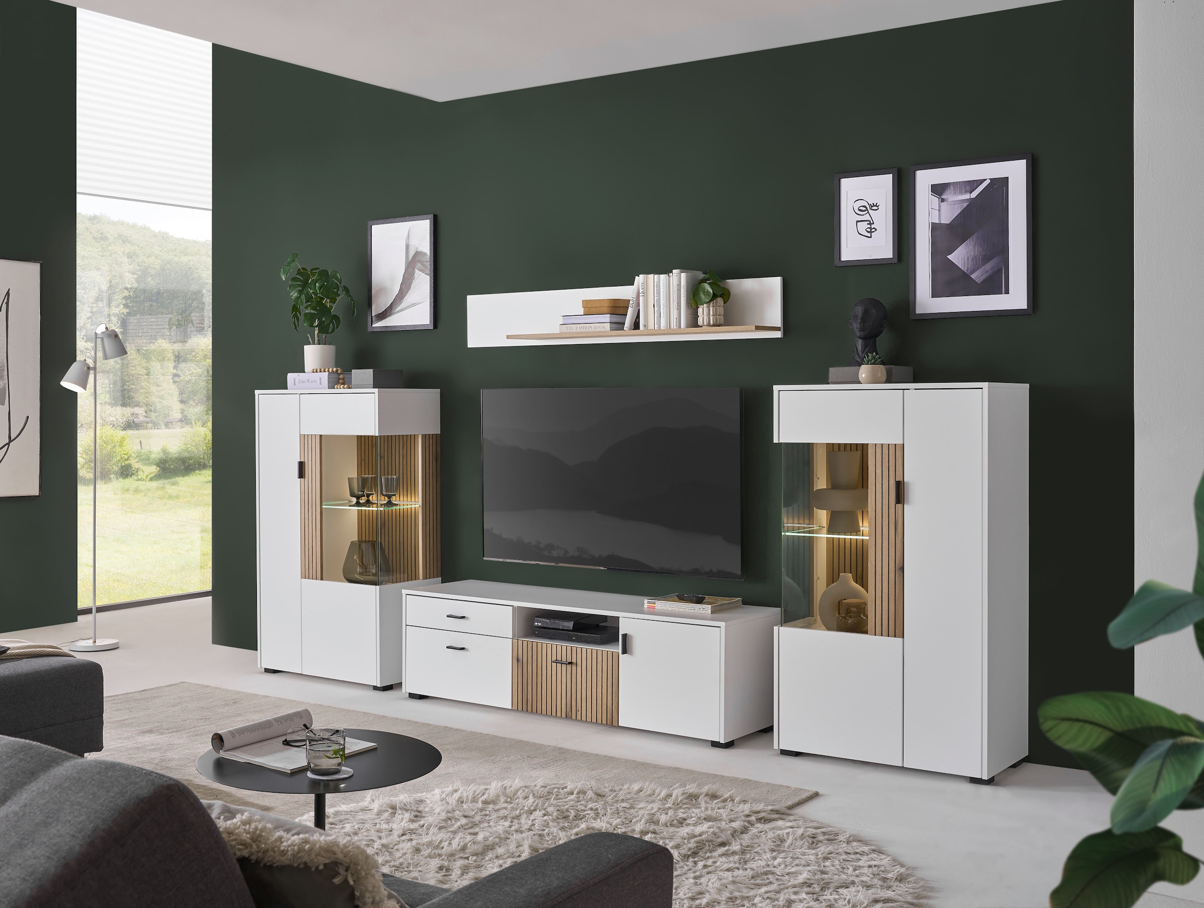 INOSIGN Wohnwand »HUDSON«, (Set, 4 St.), mit moderner Rillenoptik, Griffe aus Metall (Schwarz), Breite 320 cm