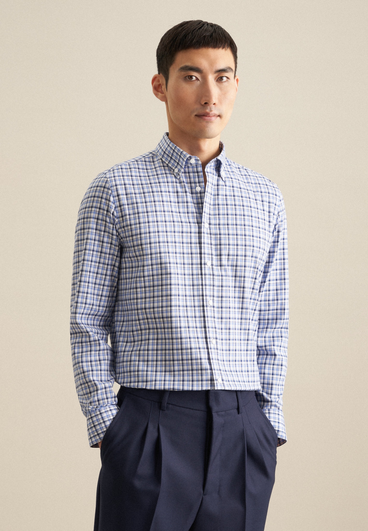 Businesshemd »Shaped«, Shaped Langarm Button-Down-Kragen Karo