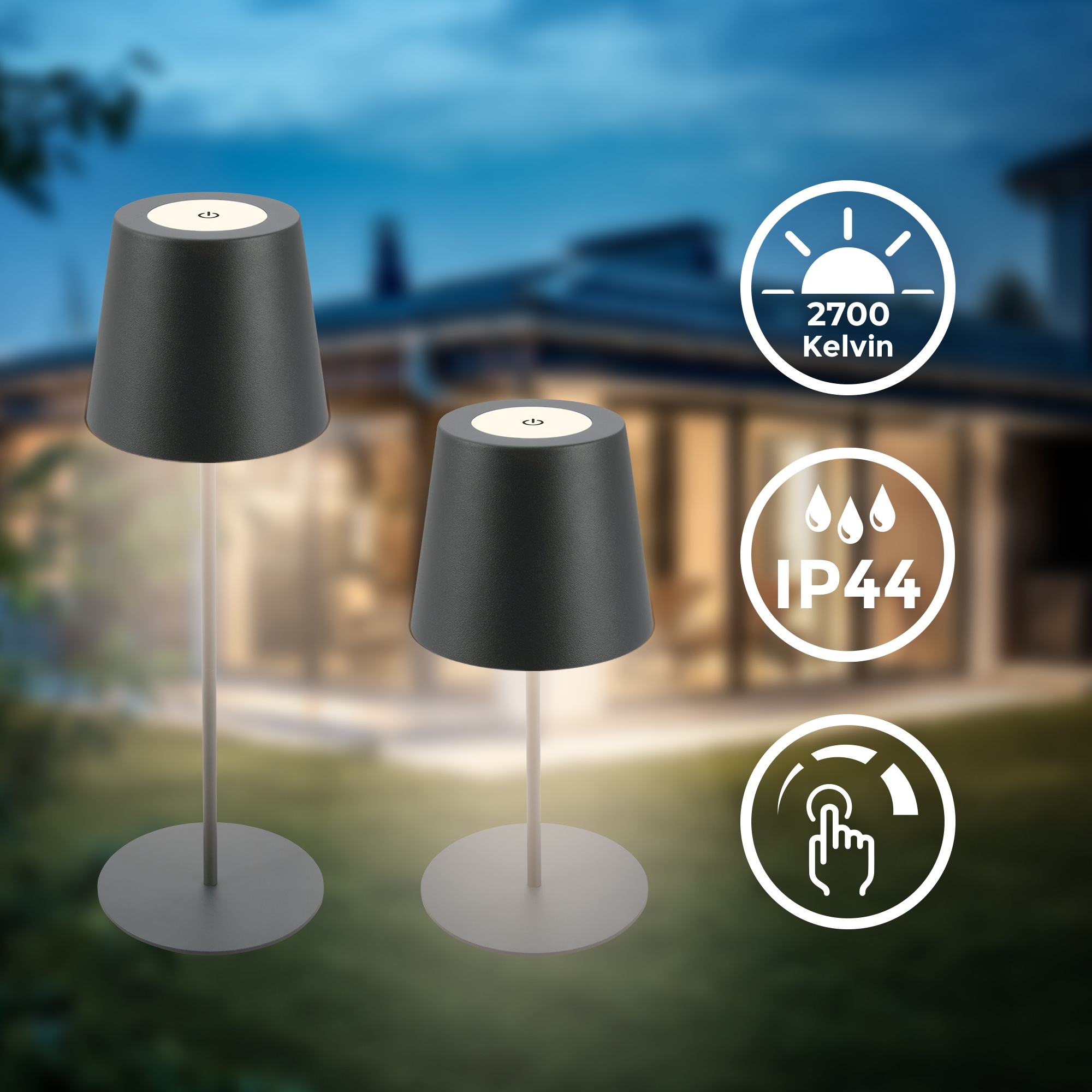 B.K.Licht Außen-Tischleuchte »BK_TL1593 Akku LED Tischlampe, 3-Stufen Touchdimmer, mit USB«, 1 flammig, Leuchtmittel LED-Modul | LED fest integriert, 2.700 K, 200 Lm, 2,5W, IP44, 12h Leuchtdauer, 36 x 10,5 cm, Anthrazit