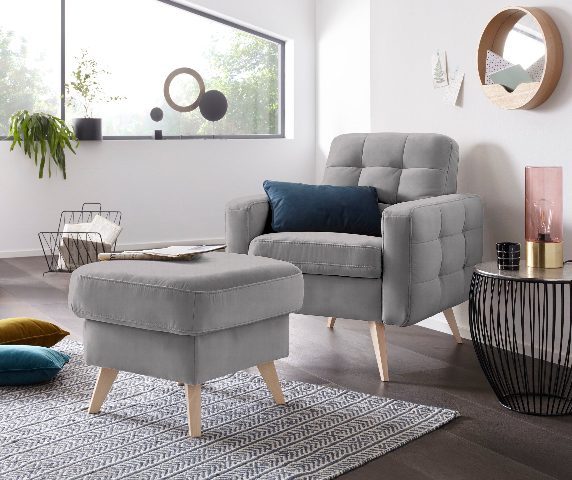 exxpo - sofa fashion Sessel »Nappa, Loungesessel, aktuelle Rückensteppung, bequem und modern«, hoher Holzfuß