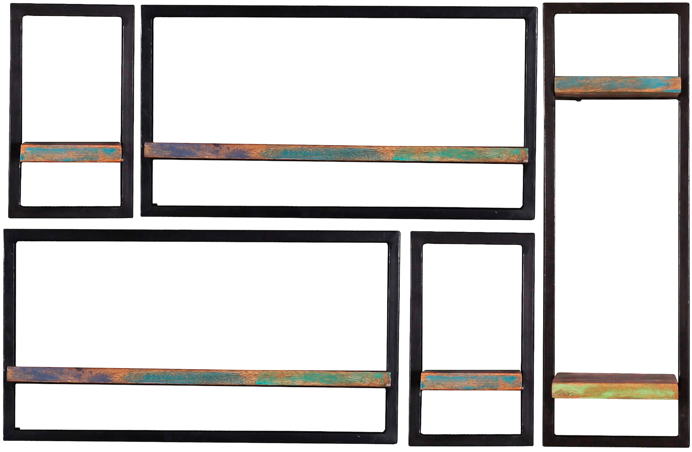 SIT Wandregal "Lugo 5-teilig aus Altholz mit schwarzem Metallrahmen" Set, 2 schmale, 2 breite & 1 hohes Wandregal für flexible Gestaltung