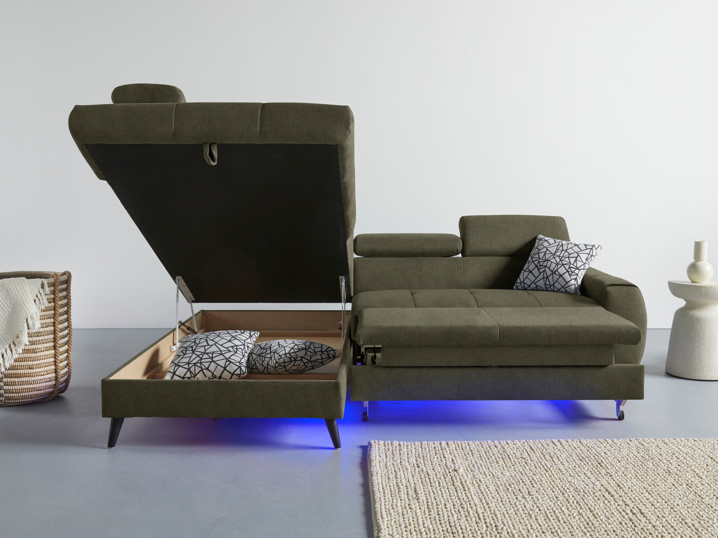 COTTA Ecksofa »Mia L-Form mit 3 Zierkissen«, wahlweise mit Bettfunktion, Bettkasten, Beleuchtung & Wireless-Charger