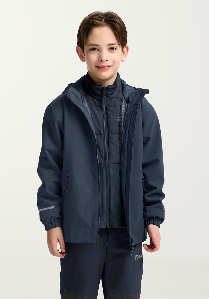 Jack Wolfskin 3-in-1-Funktionsjacke »HYBRID 3IN1 JACKET K« mit Kapuze für Kinder, atmungsaktive Fleece-Innenjacke, wasserdichte Außenjacke