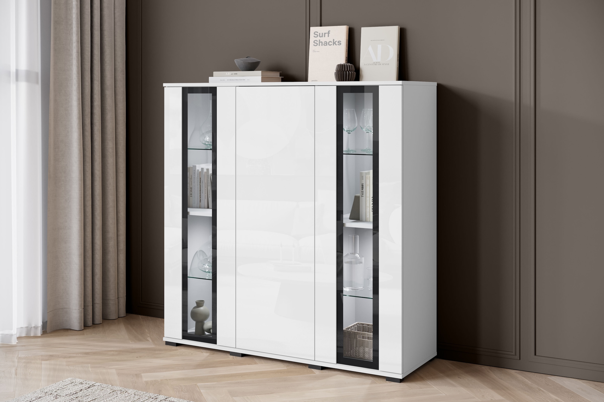 INOSIGN Highboard »Caro, modernes Design mit Glaseinsätzen, Breite 120 cm«, (1 St.), grifflose Fronten mit Push-to-Open, höhenverstellbare Einlegeböden