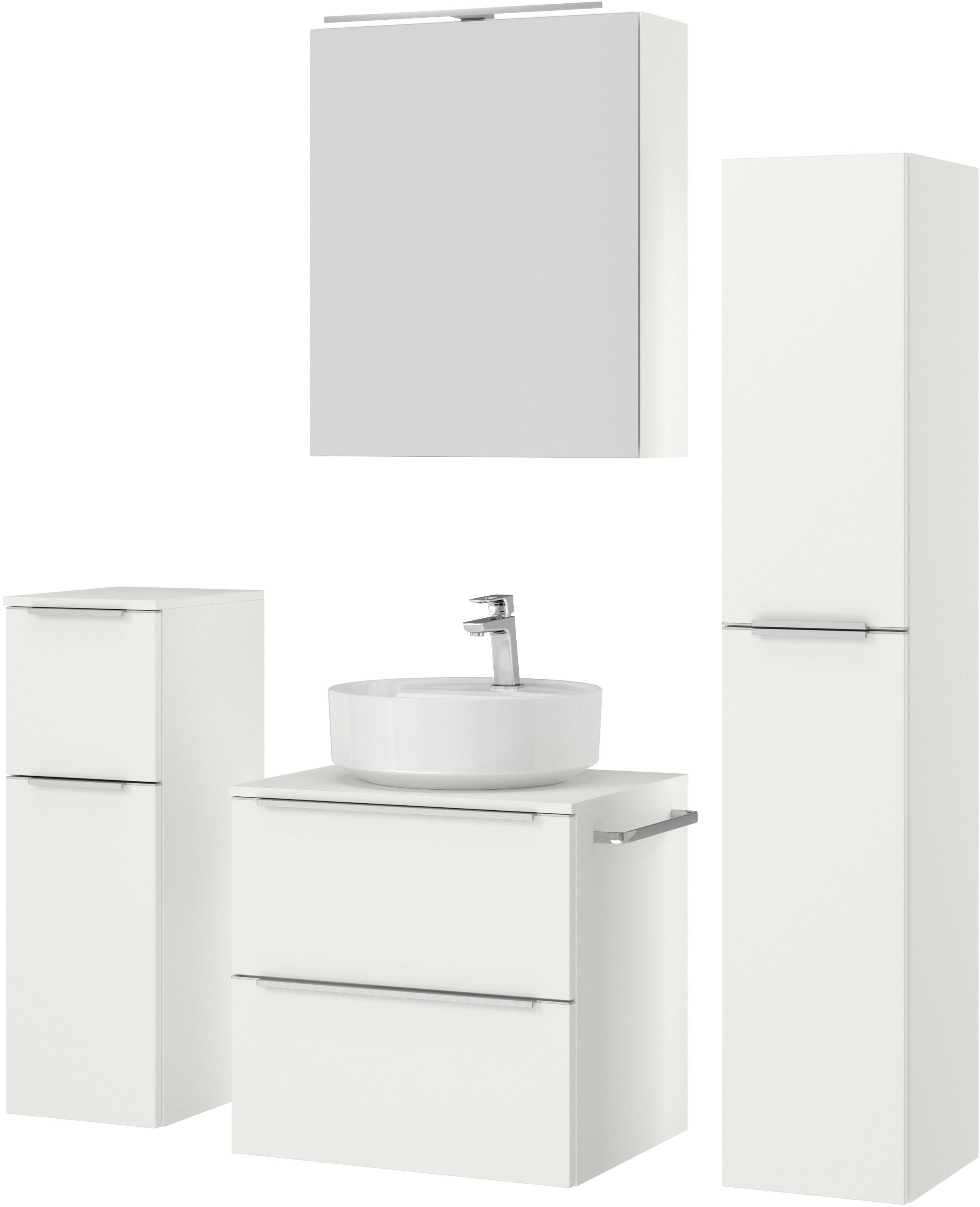 nobilia® Badmöbel-Set »Alvene« vormontiert, mit Soft-Close, 4 Stk. tlg. inkl. Spiegelschrank mit Beleuchtung und Dimmerfunktion, in 4 Breiten
