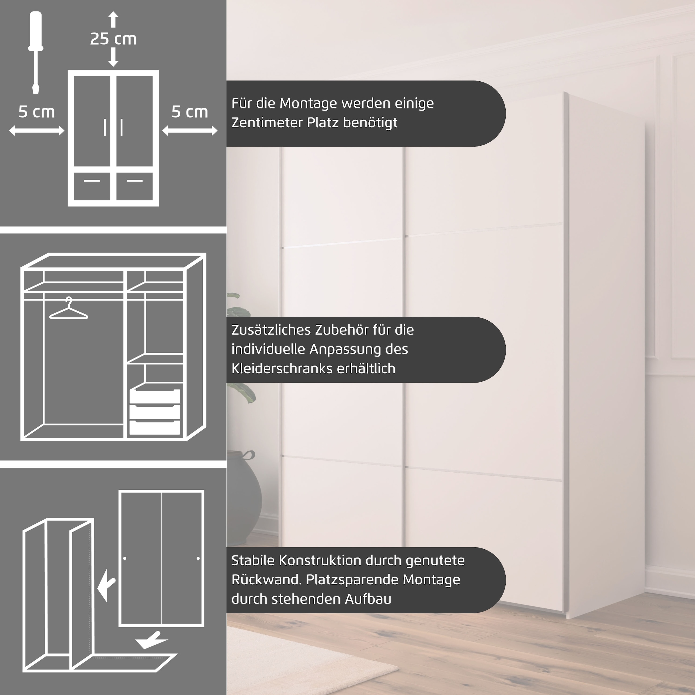 rauch Schwebetürenschrank »Kleiderschrank Schrank Garderobe Schlafzimmerschrank SCALE-TRIO«, edle dreigeteilte Front mit 2 Zierleisten Spiegelfront MADE IN GERMANY