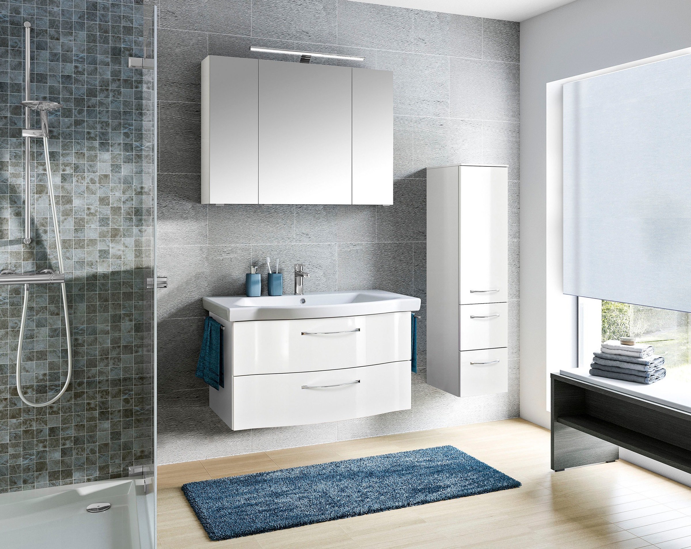 Saphir Badmöbel-Set »6005 Sprint 3-teilig, Keramik-Waschtisch mit LED-Spiegelschrank«, (4 St.), Midischrank, inkl. Türdämpfer, 4 Türen, 4 Schubladen, Bad-Set