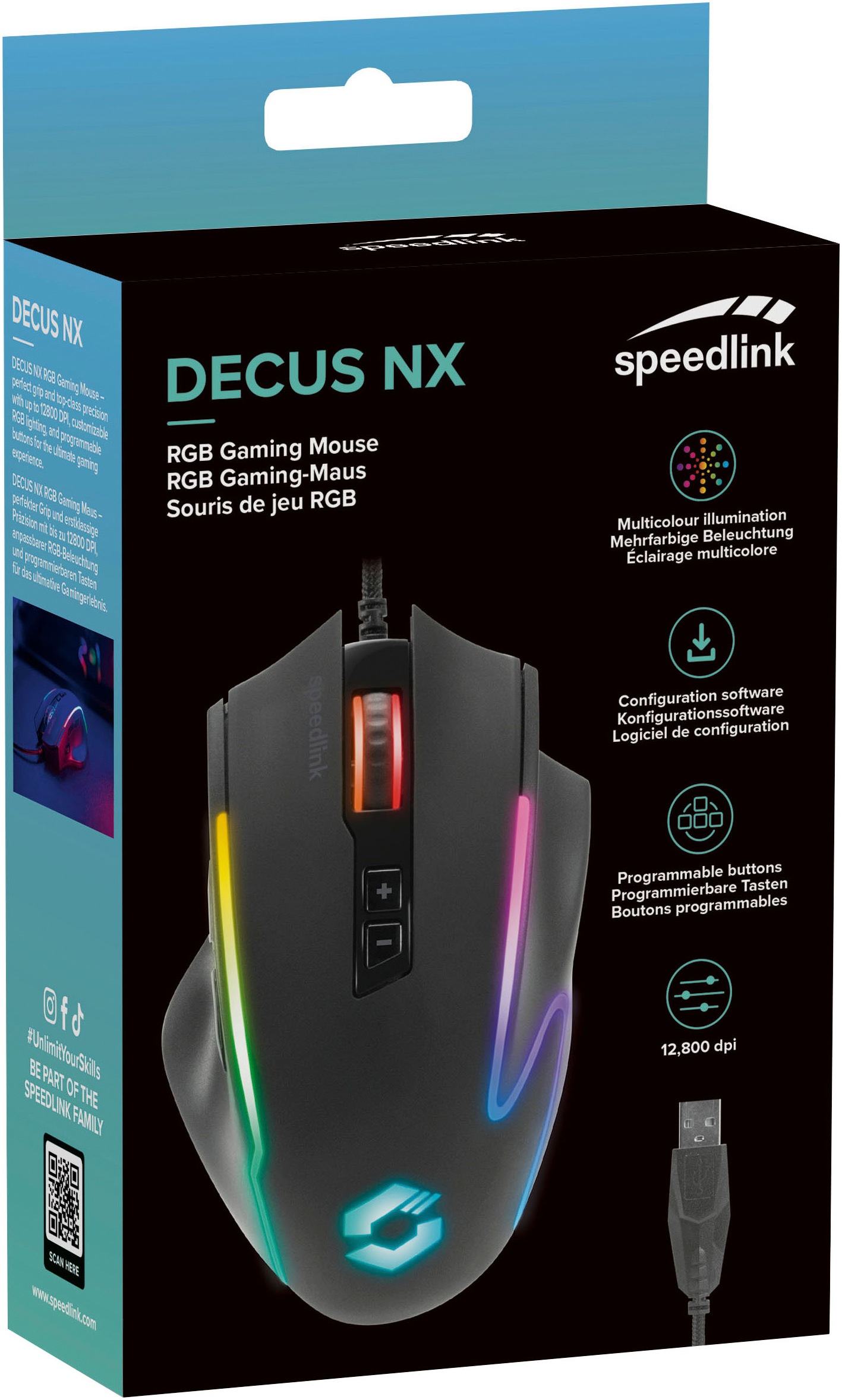 Speedlink Gaming-Maus »DECUS NX RGB Gamer Maus mit Kabel und 6 Tasten«, kabelgebunden, 12800dpi, Programmierbar, Dauerfeuer Taste, 1000Hz Pollingrate