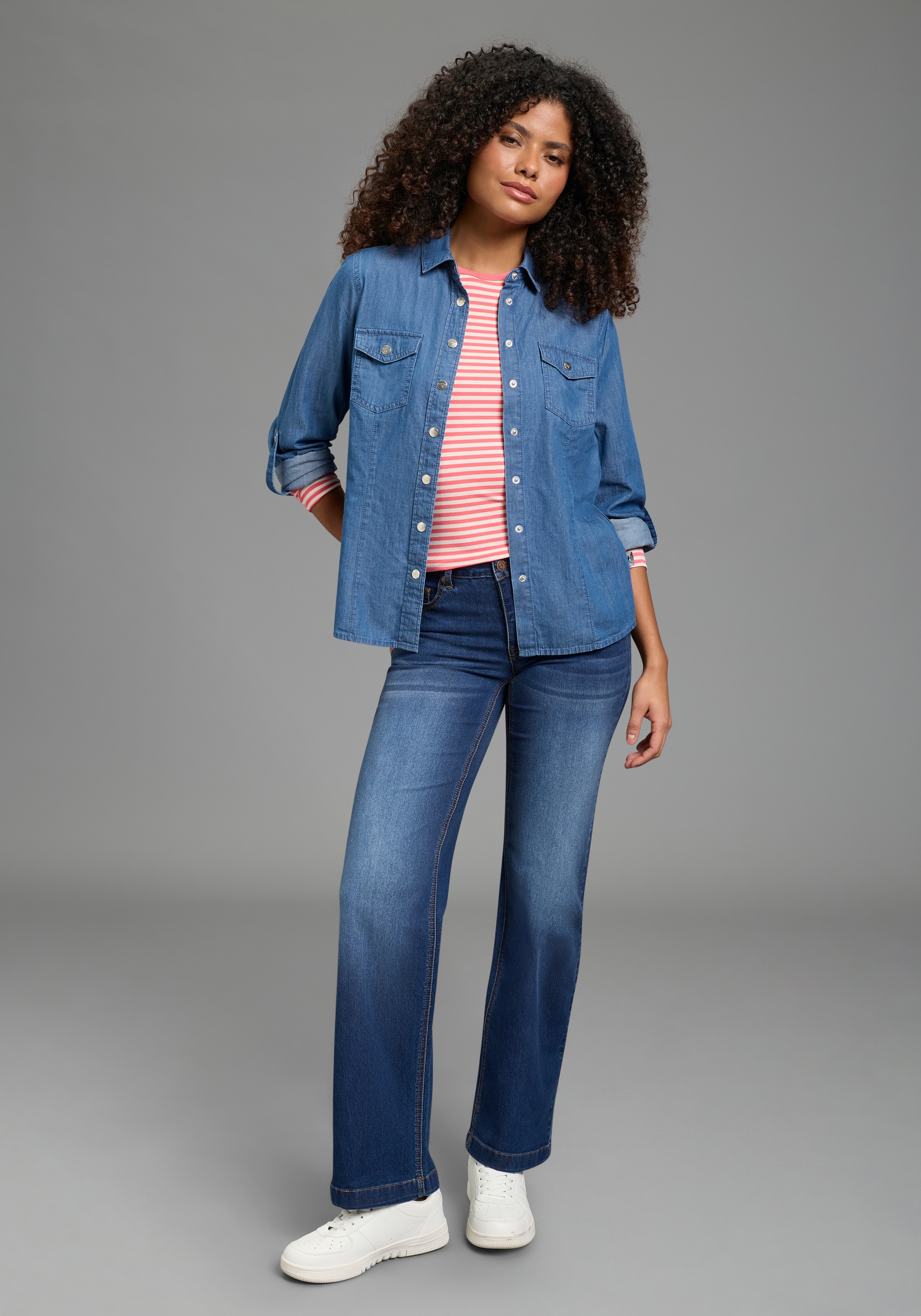 KangaROOS Jeansbluse für den Alltag, Langarm, mit klassischem Blusenkragen