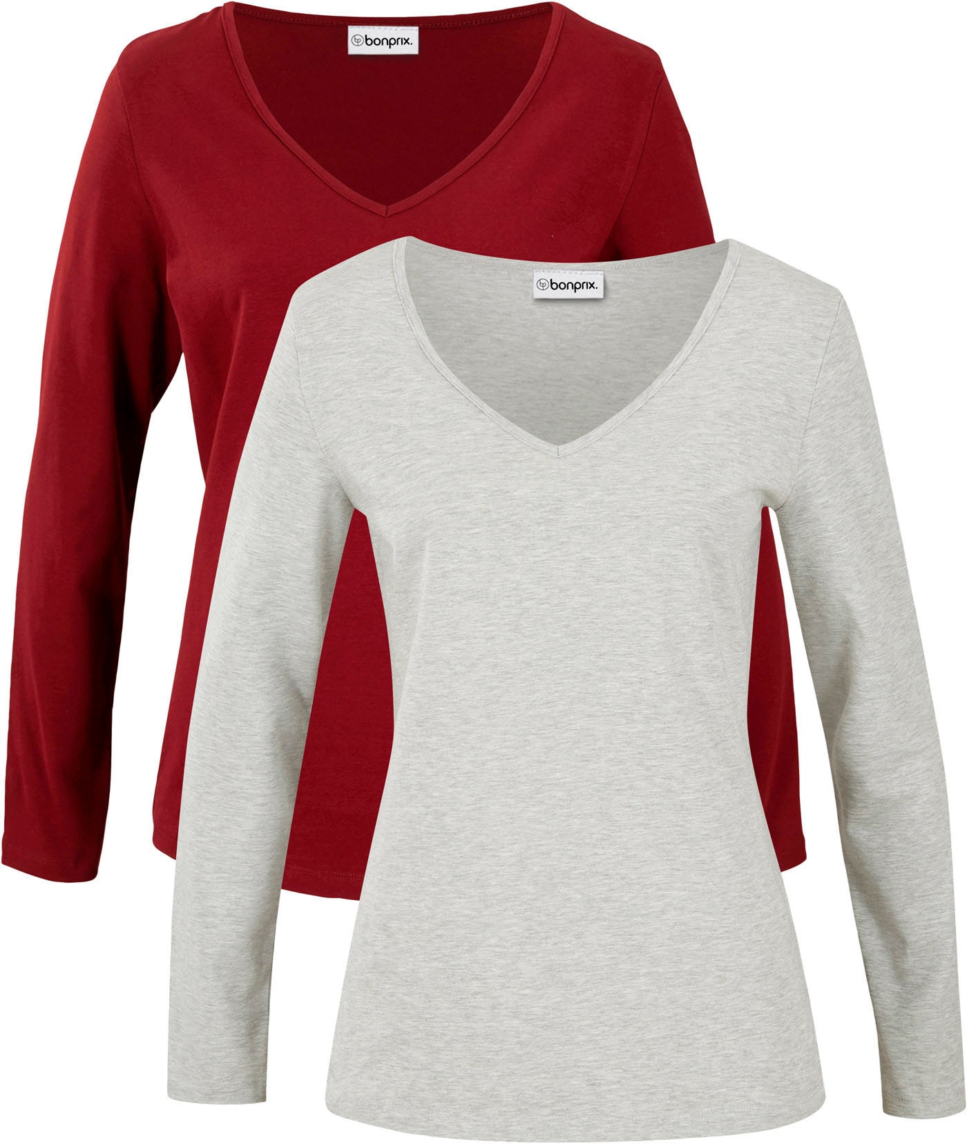 bonprix Langarmshirt »Figurbetontes Langarmshirt (2er Pack)« Packung, 2 Stk. Slim fit Passform, mit V-Ausschnitt, aus Baumwolle und Elasthan