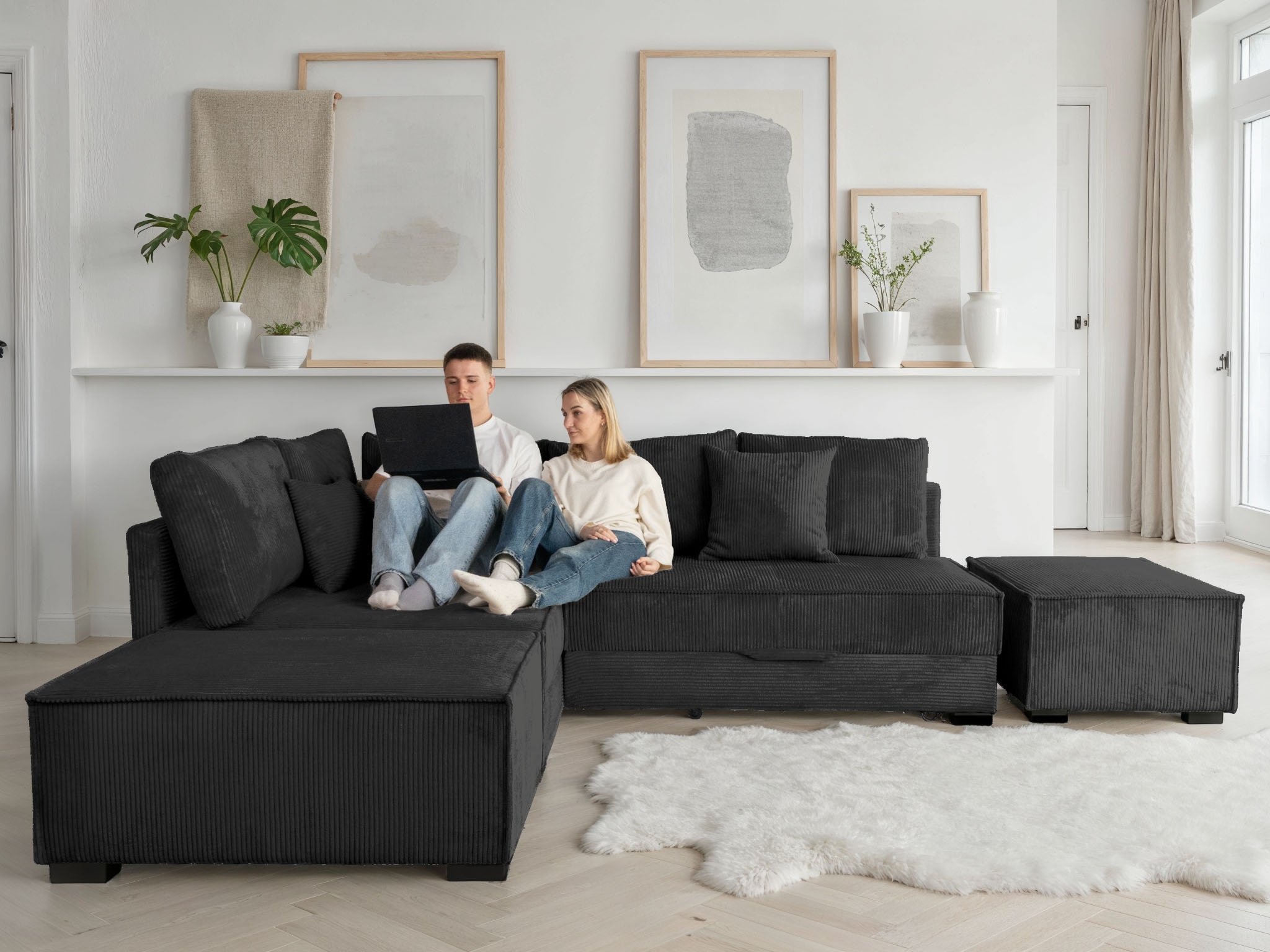 Home affaire "Night & Day L-Form, B: 316 cm mit Dauer-Schlaffunktion 180x200 cm" Set: Sofa & Hocker, Schlaffunktion, Bettkasten & Kissen, Boxspringbett