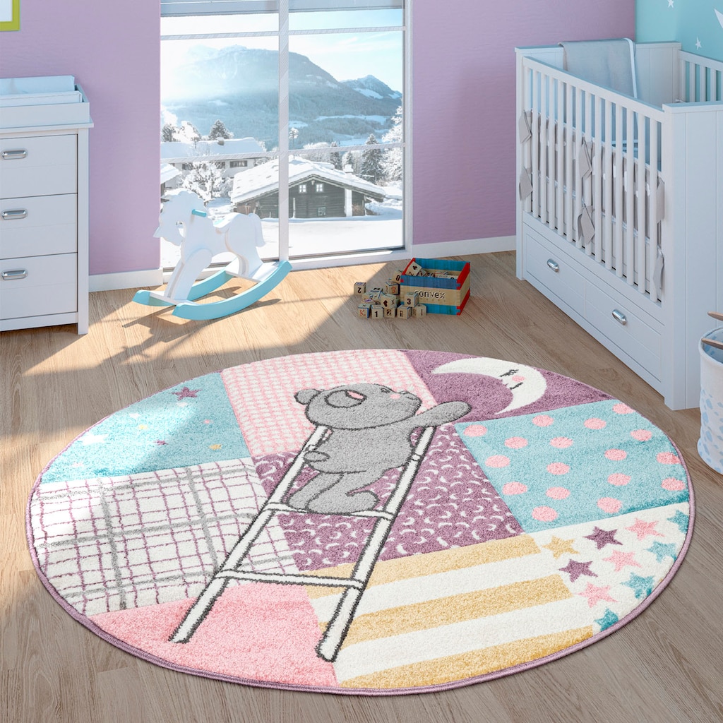 Paco Home Kinderteppich »Ela 399«, rund, 3D-Design, Patchwork Muster, Motiv Bär, Sterne & Punkte, Kinderzimmer