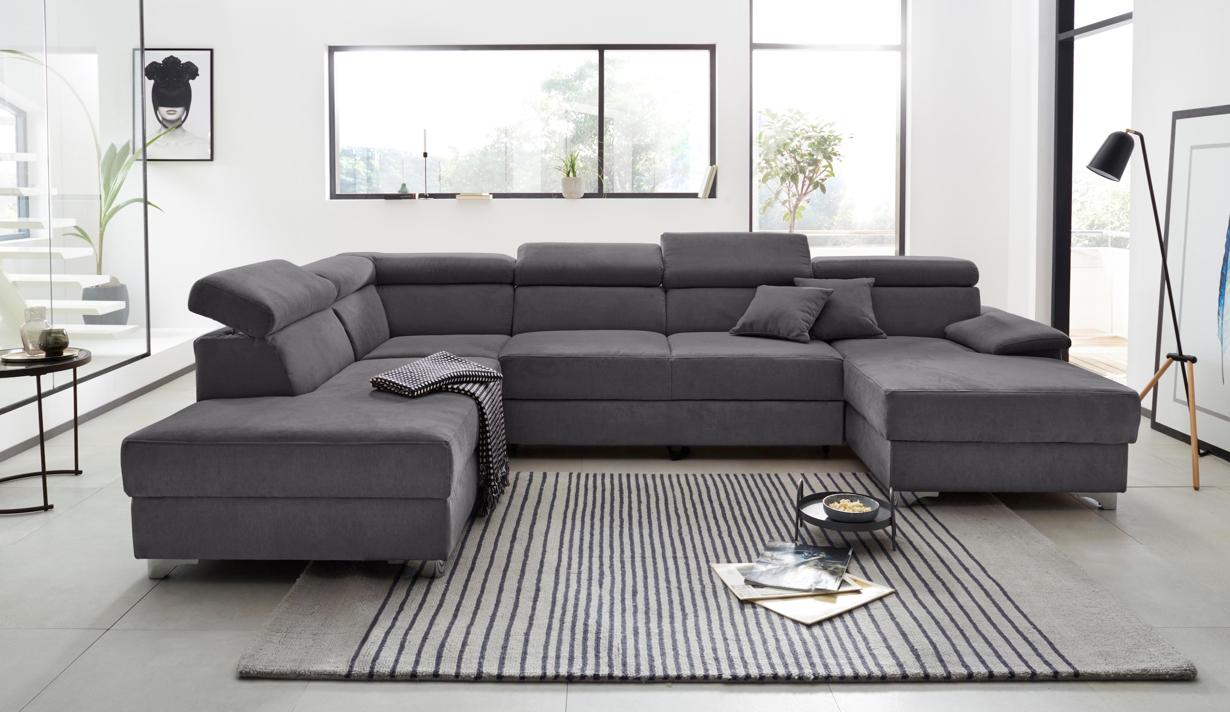 DOMO collection Wohnlandschaft »Mira, inklusive Kopfteilverstellung für mehr Wohlfühlkomfort, U-Form« wahlweise mit Bettfunktion und Bettkasten, elegant und modern