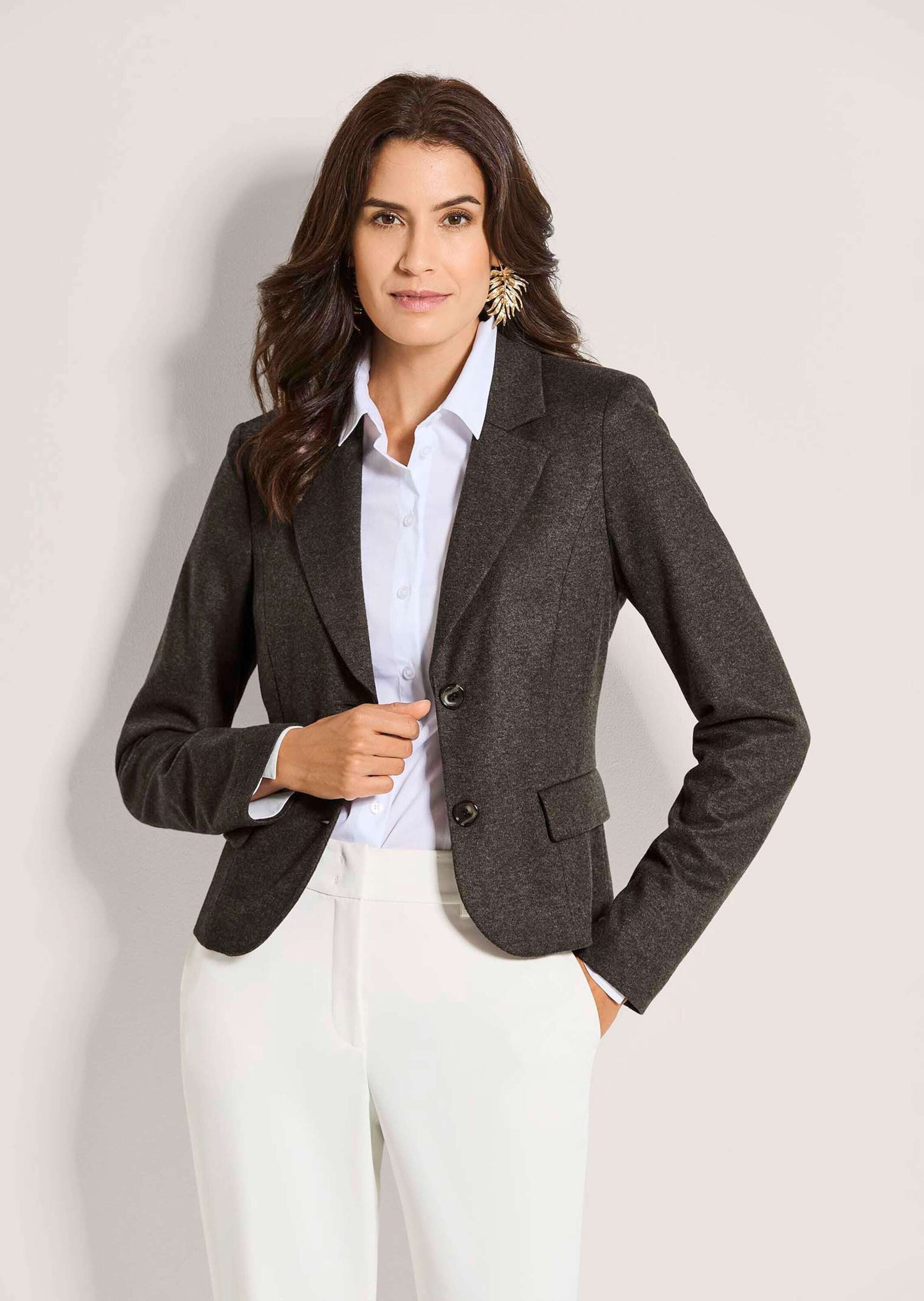 Jackenblazer MADELEINE "Kurzblazer Eleganter Einreiher mit Reverskragen", Damen, Gr. 48, braun (braun, melange), Obermaterial: 75% Viskose CV. 24% Polyester PES. 1% Elasthan EL., Modern, Blazer, Dezenter Melange-Effekt 2