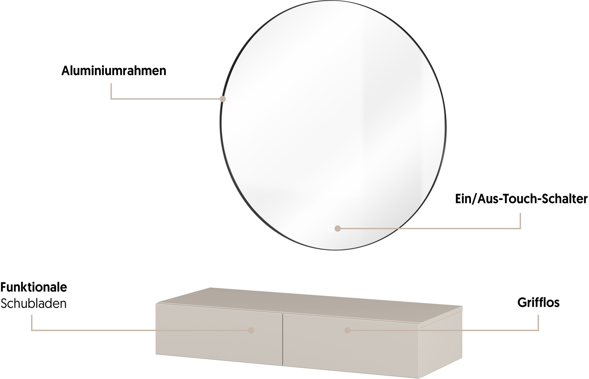 Home affaire Schminktisch »Jukon, Breite 90 cm, moderner Schminktisch incl. Spiegel«, Hängende Schminktisch, Spiegel mit LED Beleuchtung