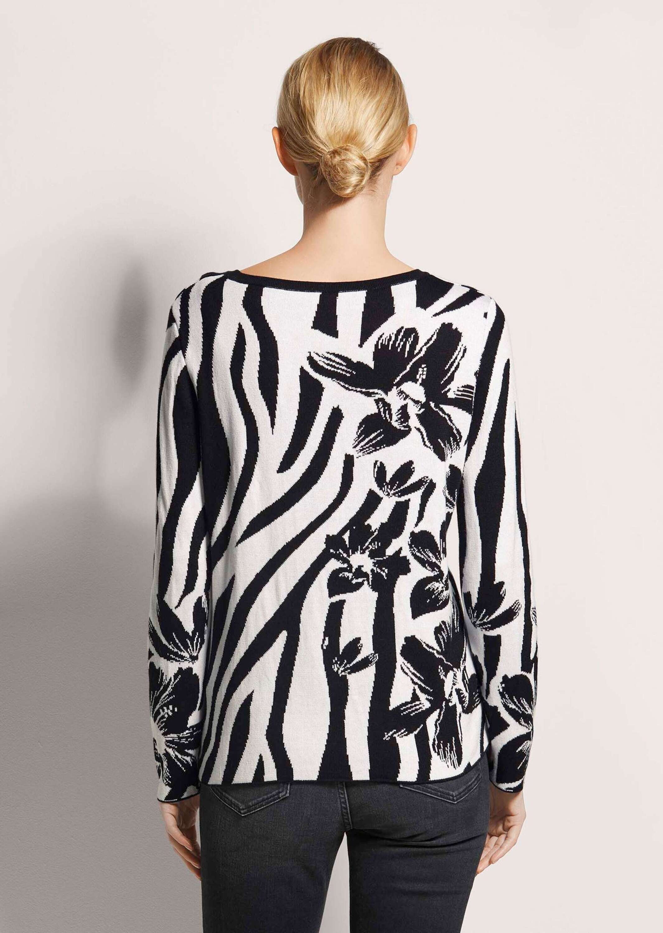 Longpullover MADELEINE "Strickpullover Intarsienpullover mit Zebra- und Blumenmuster", Damen, Gr. 48, schwarz (schwarz, wollweiß), Obermaterial: 50% Baumwolle CO. 50% Polyacryl PAN., Modern, normal, Pullover Longpullover 3
