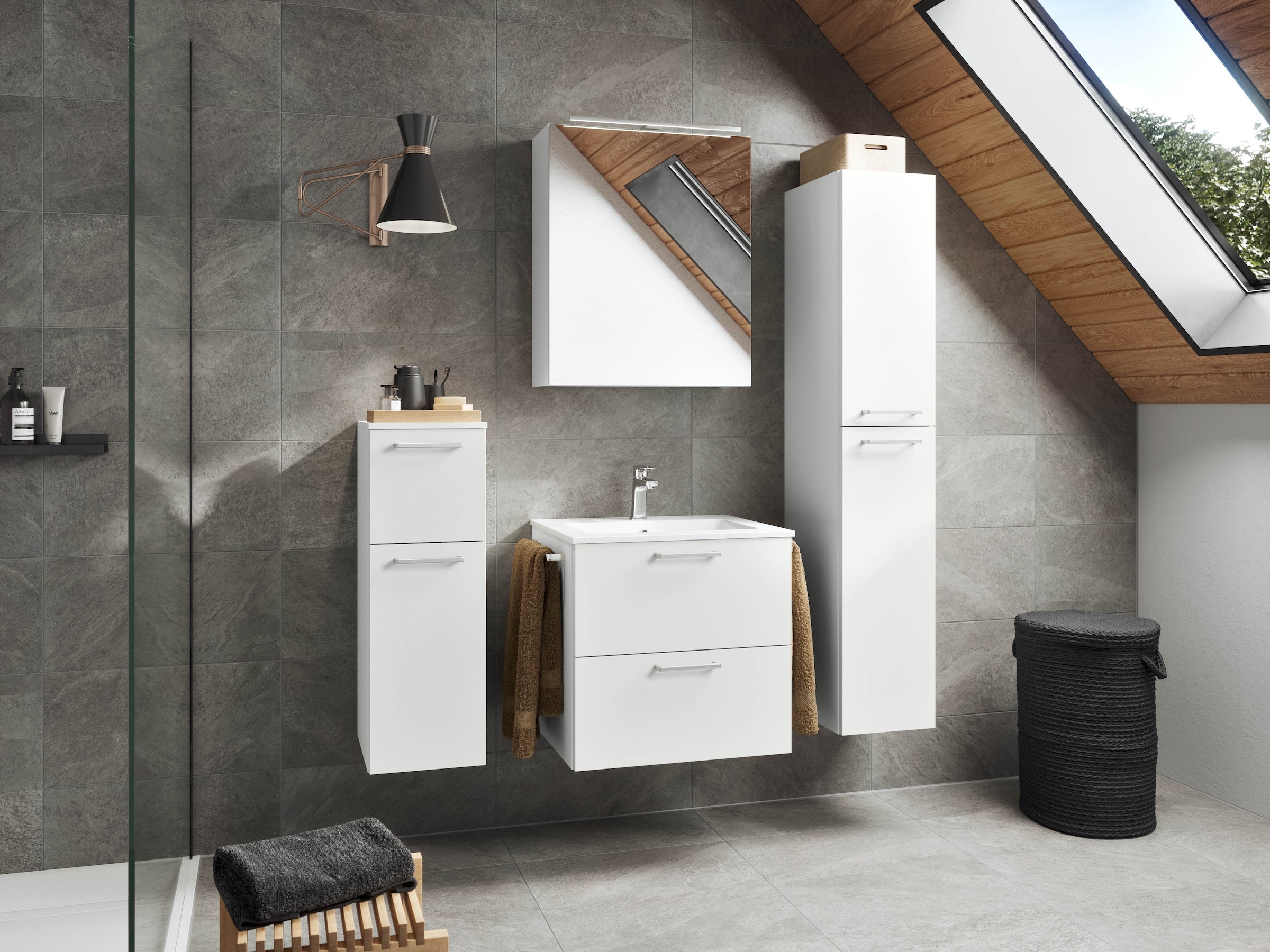 nobilia® Badmöbel-Set »Tolvina« vormontiert, mit Soft-Close, 2 Stk. tlg. inkl. Spiegelschrank mit Beleuchtung und Dimmerfunktion, in 4 Breiten