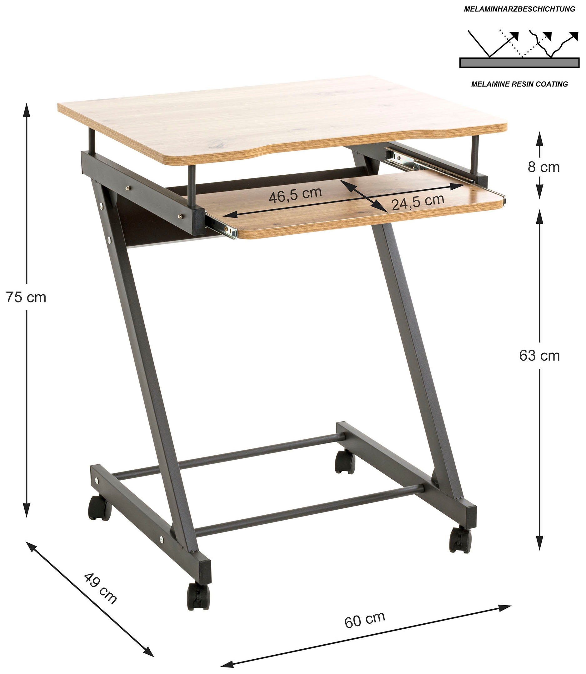 HAKU Computertisch »IT-Wagen, Notebookwagen, Schreibtisch« 1 Stk. tlg. rechteckig - aus MDF Braun B/T/H 60/49/75 cm
