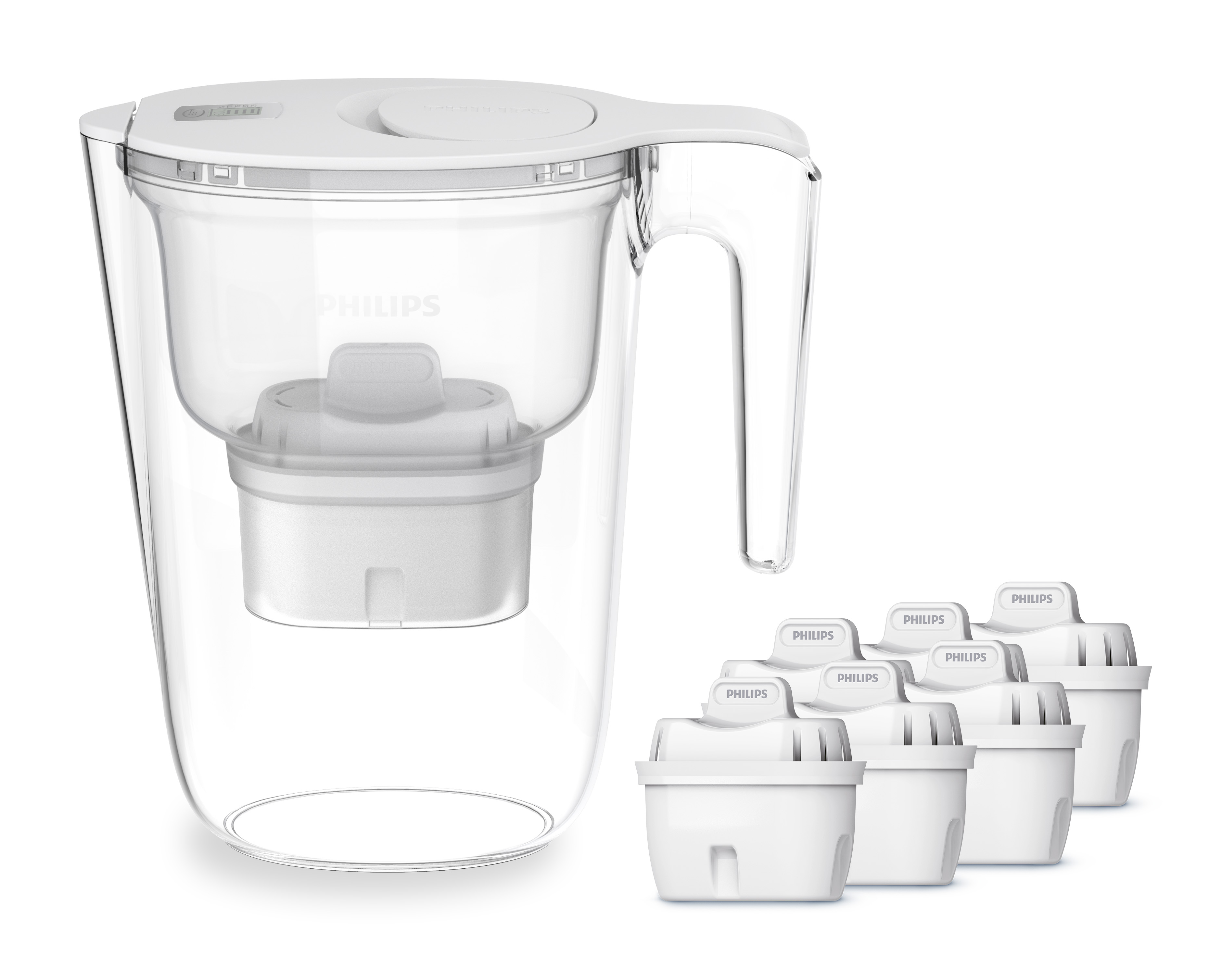 Philips Kalk- und Wasserfilter "Philips Wasserfilter-Kanne 2,6L weiß inkl. 6 Filterkartuschen" Set, 7 Stk. tlg. Reduziert den TDS Wert