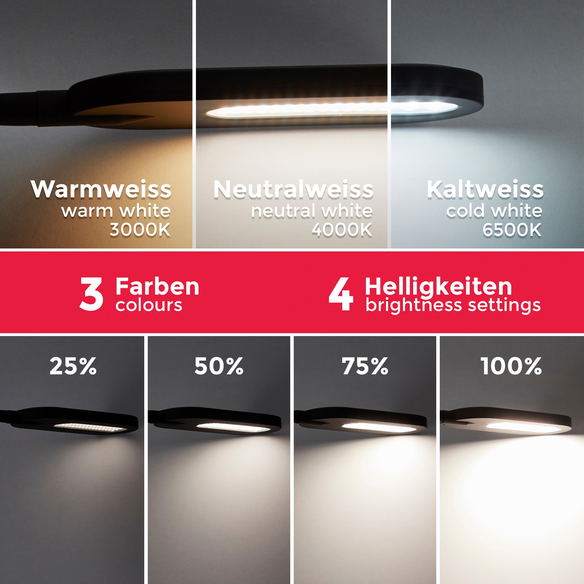 B.K.Licht LED Stehlampe, 1 x LED-Platine 8 Watt, 600lm, Farbtemperatur einstellbar 3.000K / 4.000K / 6.500K über Touchschalter 