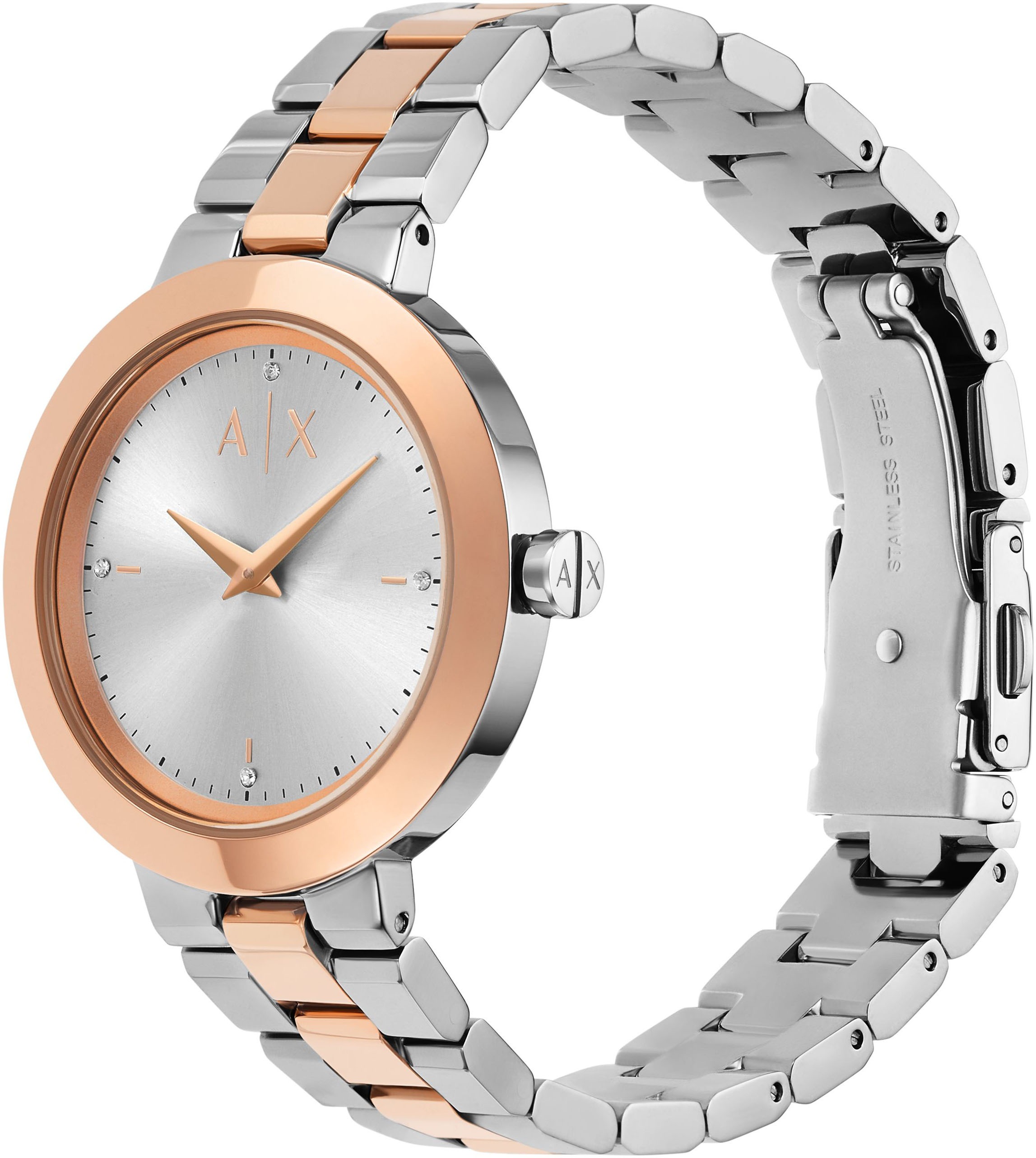 ARMANI EXCHANGE Quarzuhr, Armbanduhr, Damenuhr, Edelstahlarmband, analog, Glassteine