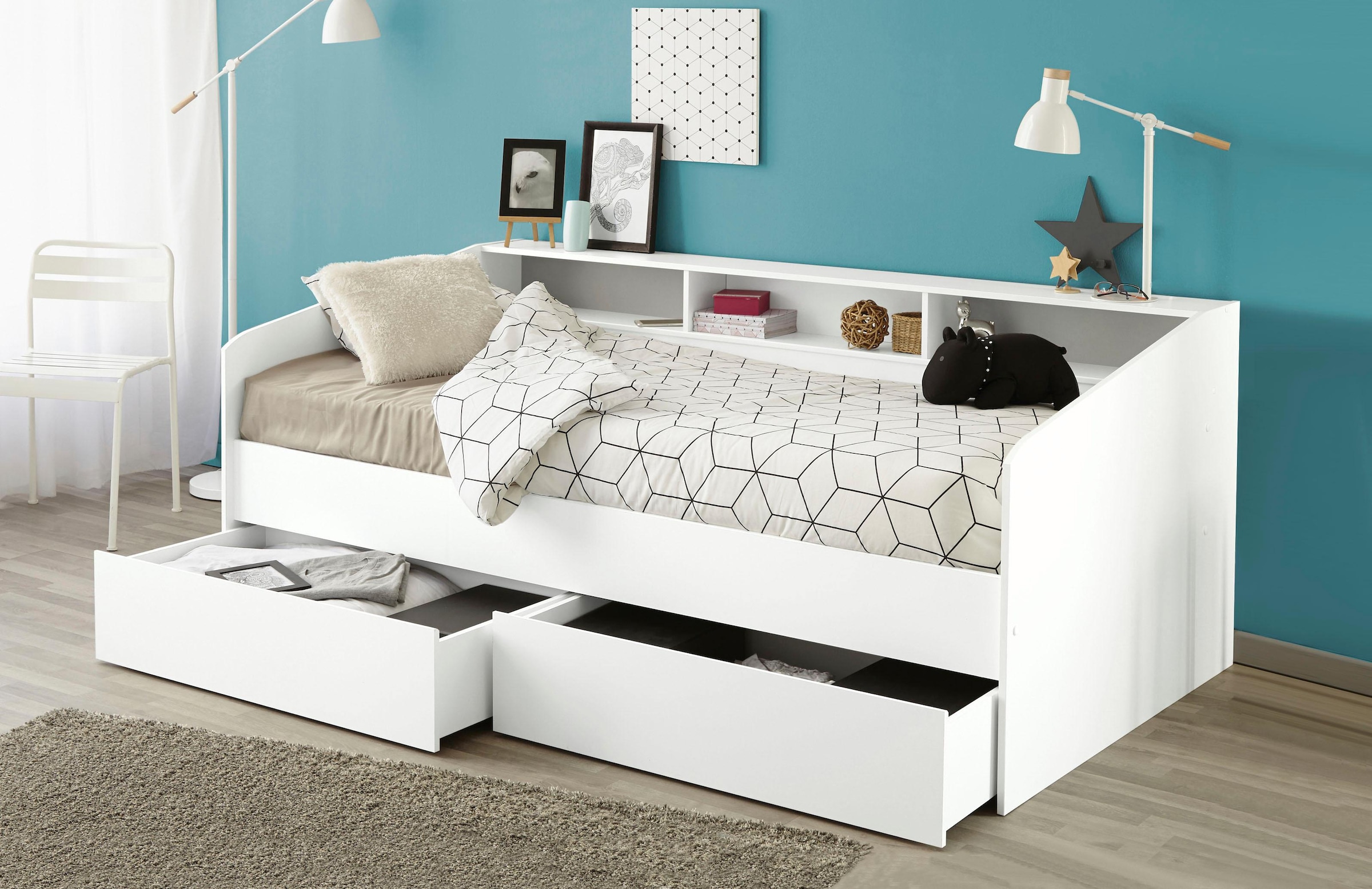Parisot Stauraumbett Sleep Daybed Kinderbett Ruckwand der Regale drehbar farbig weiB kaufen BAUR