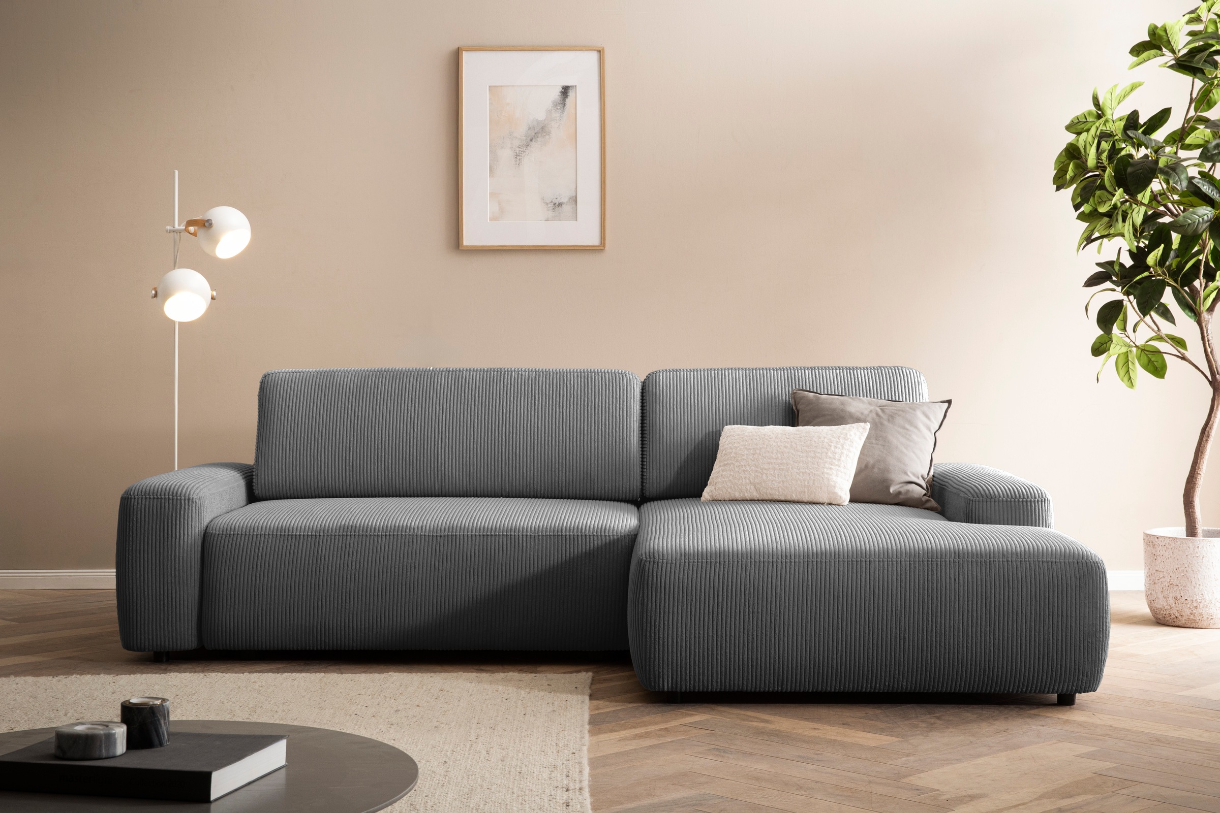 Home affaire Ecksofa »TORGE (264cm), Schlafsofa in Cord, Samtvelours o Struktur fein, L-Form« Schlaffunktion, Bettkasten, Liegefläche: 125/210 cm
