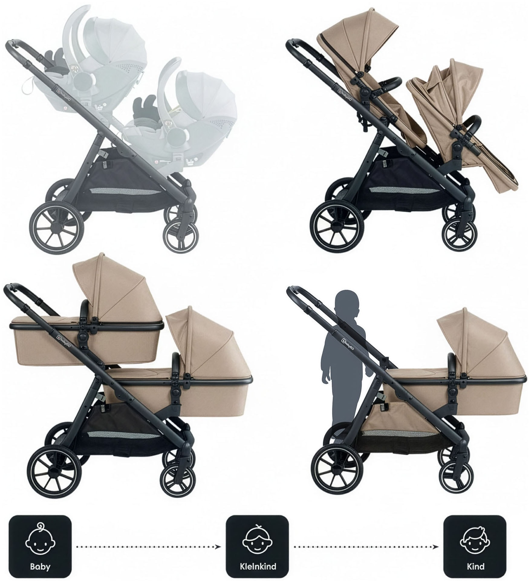 BabyGo Zwillings-Kombikinderwagen »Duo« inkl. Wickeltasche u. 2 Regenhauben